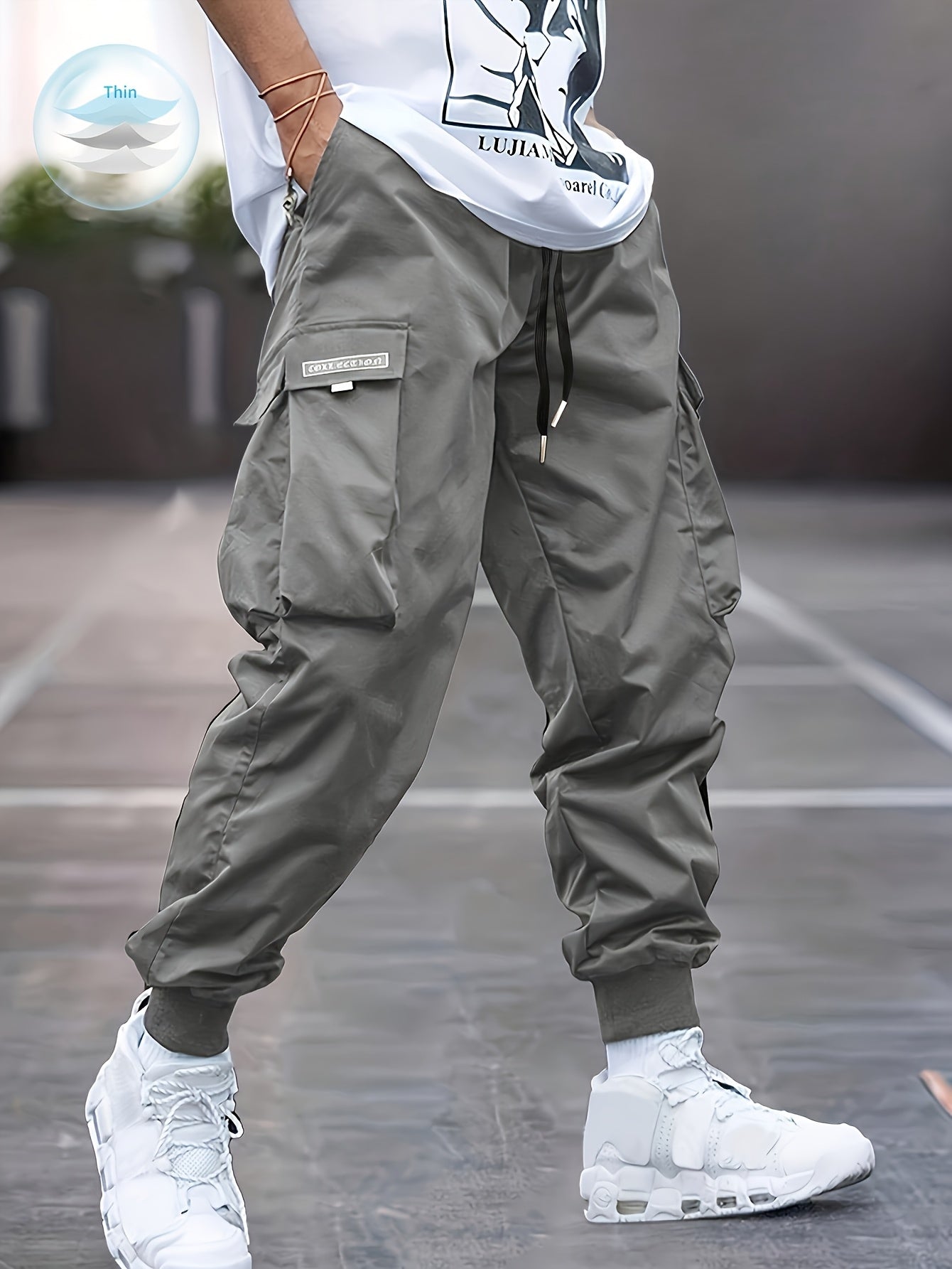 Lichtgewicht Ontwerp| Heren Olijfgroene Cargo Broek - Lichtgewicht Polyester, Casual Stijl met Meerdere Zakken en Trekkoord Taille, Perfect voor Lente/Herfst, Lente Herfst Kleding|Trekkoord Tailleband|Gladde Textuur Stof