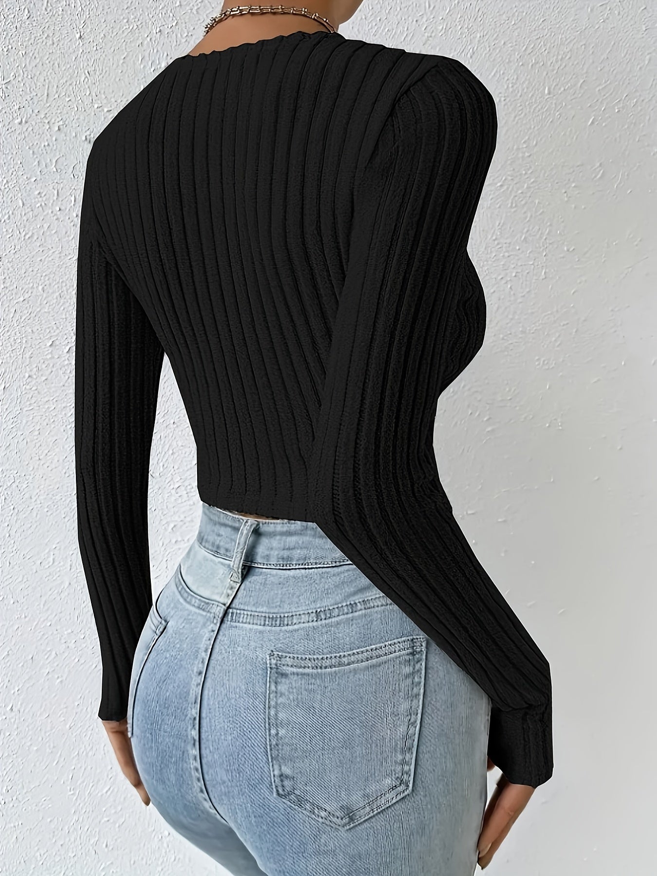 Geribbeld Cropped T-shirt Met Hoge Hals, Casual T-shirt Met Lange Mouwen Voor Lente En Herfst, Dameskleding