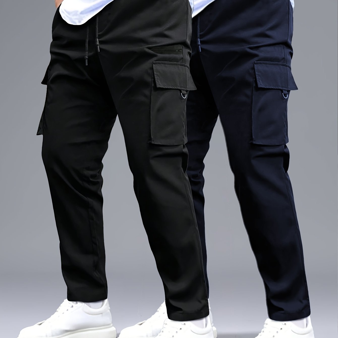 2 stuks Heren Cargo Broeken, Zwart & Grijs met Trekkoord Taille en Meerdere Zakken, Duurzaam Polyester, Ideaal voor Buitenactiviteiten en Casual Dragen, Casual Broeken | Ontwerp met Meerdere Zakken | Duurzame Stof Broeken
