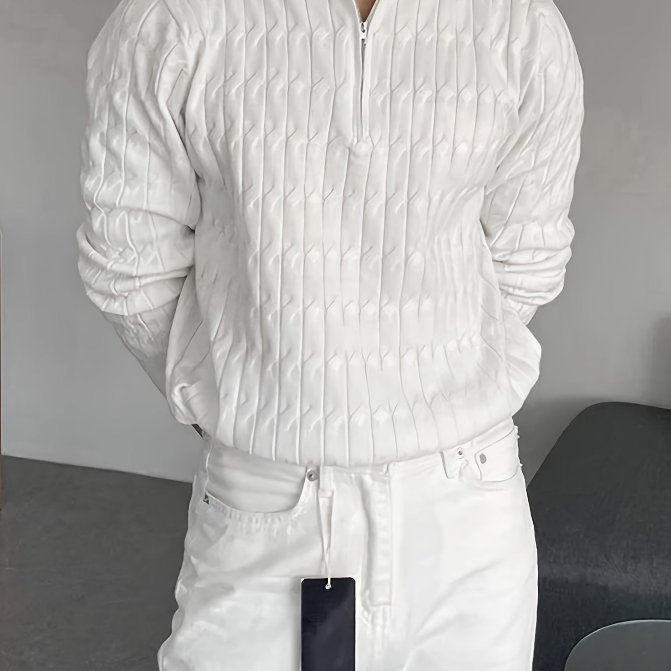 Herensweater casual, viscose breiwerk, effen kleur, reguliere pasvorm, crew hals, 1/4 rits, stretch stof, voor dagelijks gebruik en forenzen, herfst/winterseizoen