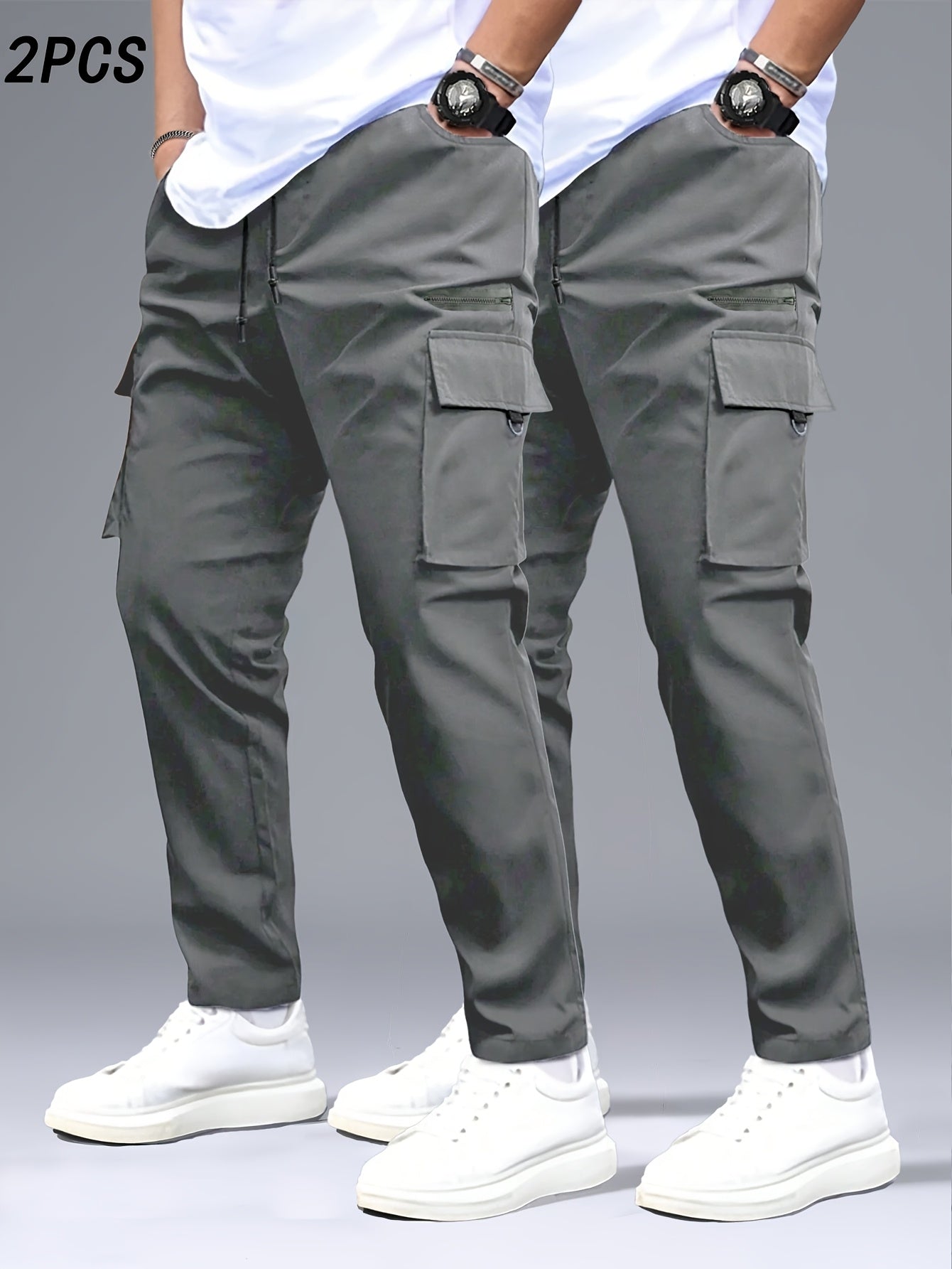 2 stuks Heren Cargo Broeken, Zwart & Grijs met Trekkoord Taille en Meerdere Zakken, Duurzaam Polyester, Ideaal voor Buitenactiviteiten en Casual Dragen, Casual Broeken | Ontwerp met Meerdere Zakken | Duurzame Stof Broeken