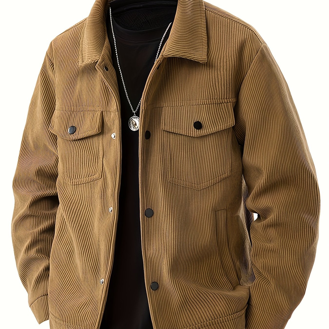 Herencorduroy Cargojack - Zwart, Ontwerp met Meerdere Zakken en Klepzakken, Knoopsluiting, Lange Mouwen, Casual Stijl, Machinewasbaar, Polyester Materiaal