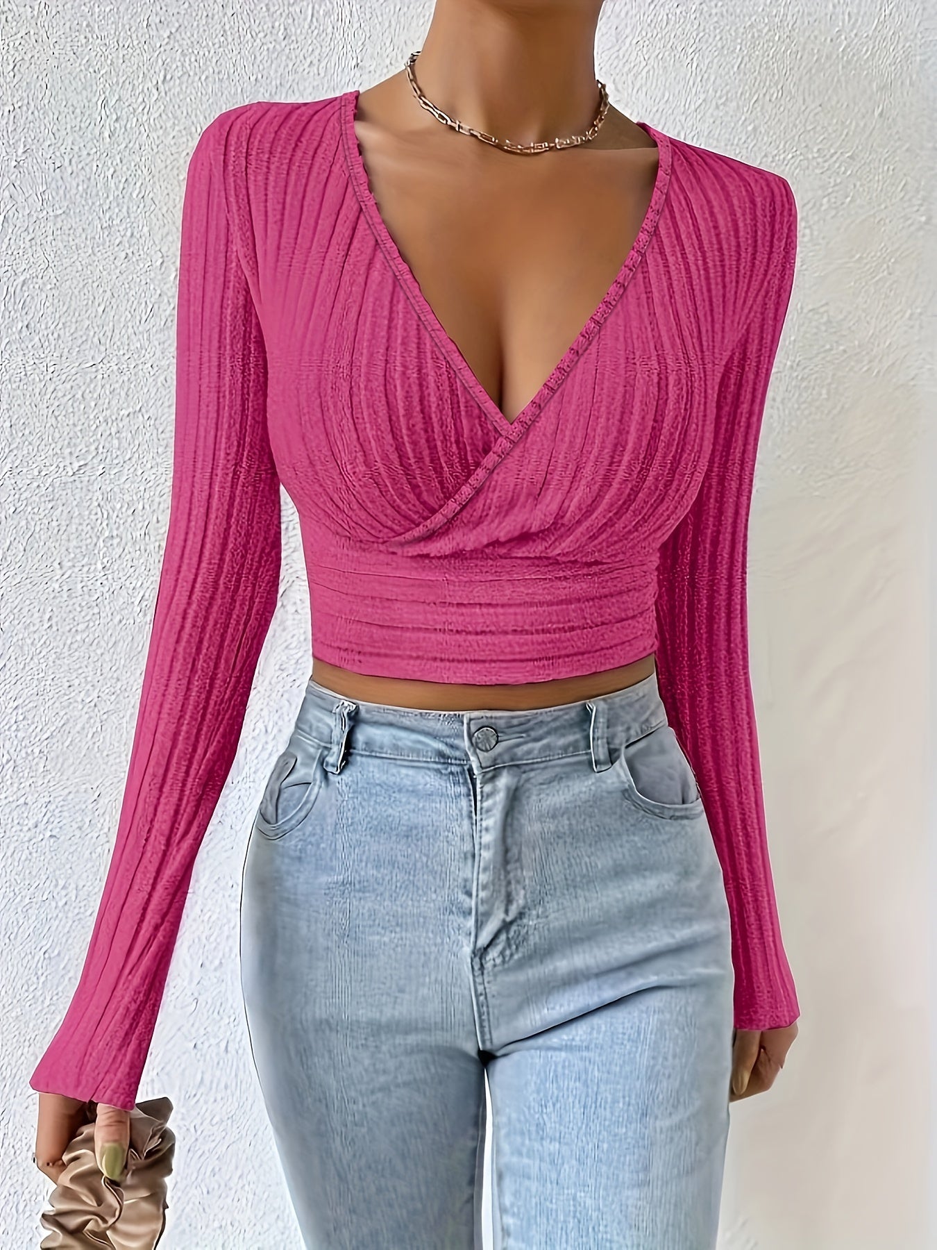 Geribbeld Cropped T-shirt Met Hoge Hals, Casual T-shirt Met Lange Mouwen Voor Lente En Herfst, Dameskleding