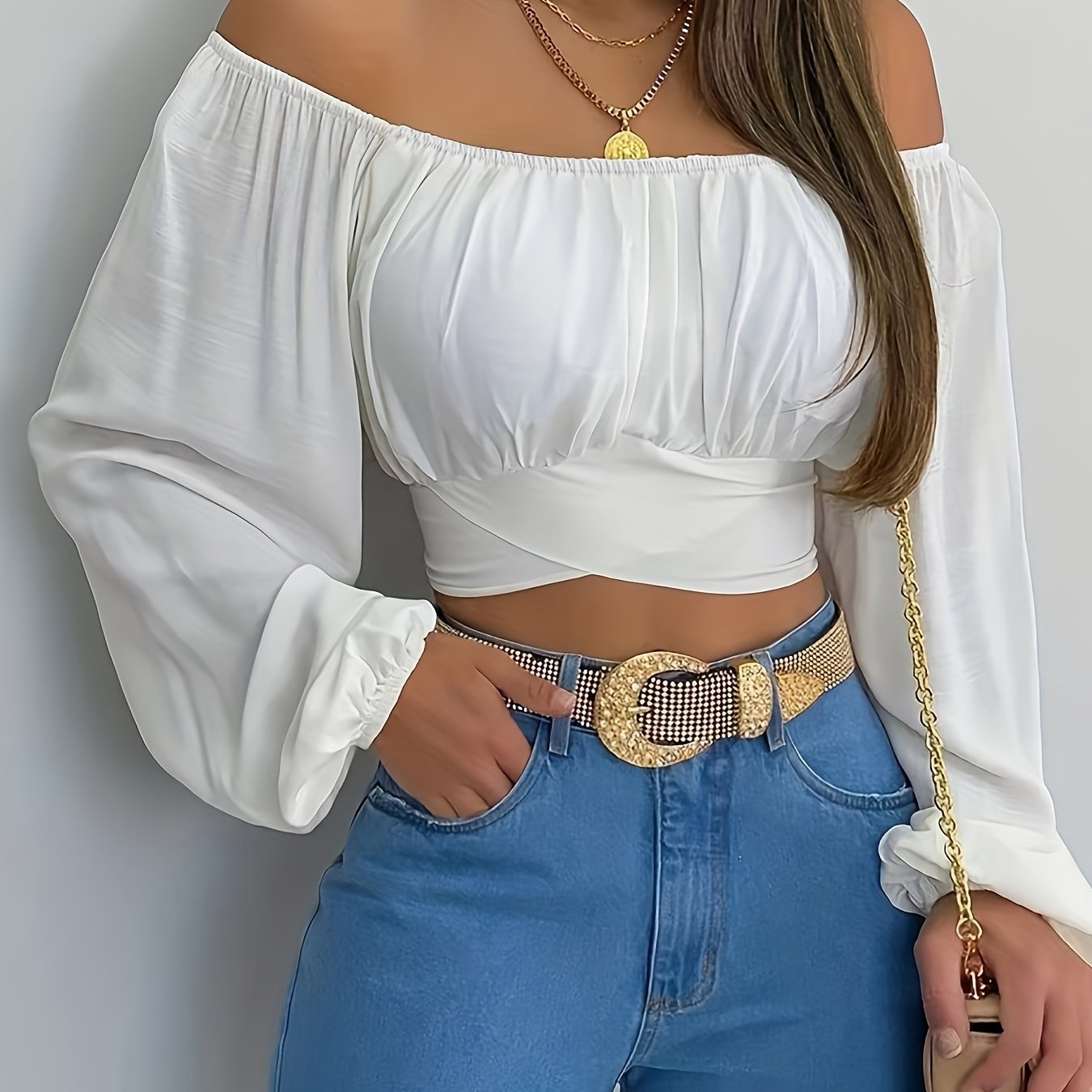Stevige Kruis Terug Crop Blouse, Casual Schouderloze Lange Mouw Top, Dameskleding Voor Coquette/Schattige/Y2K Stijl
