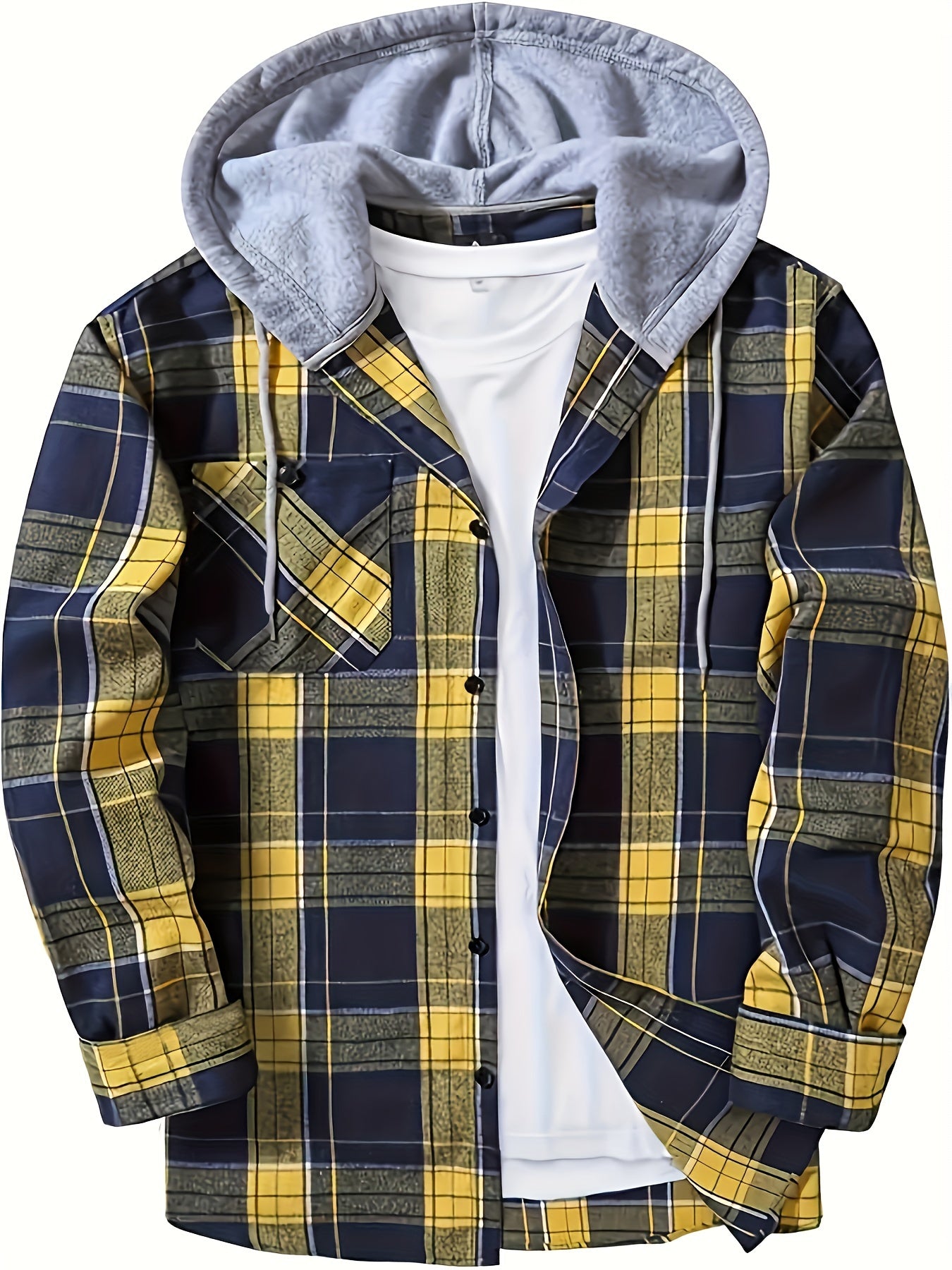 Casual Geruite Herenhoodie met Borstzakje en Verstelbare Trekkoord - Lange Mouwen, Knoopsluiting in Groen/Zwart/Grijs voor Lente & Herfst