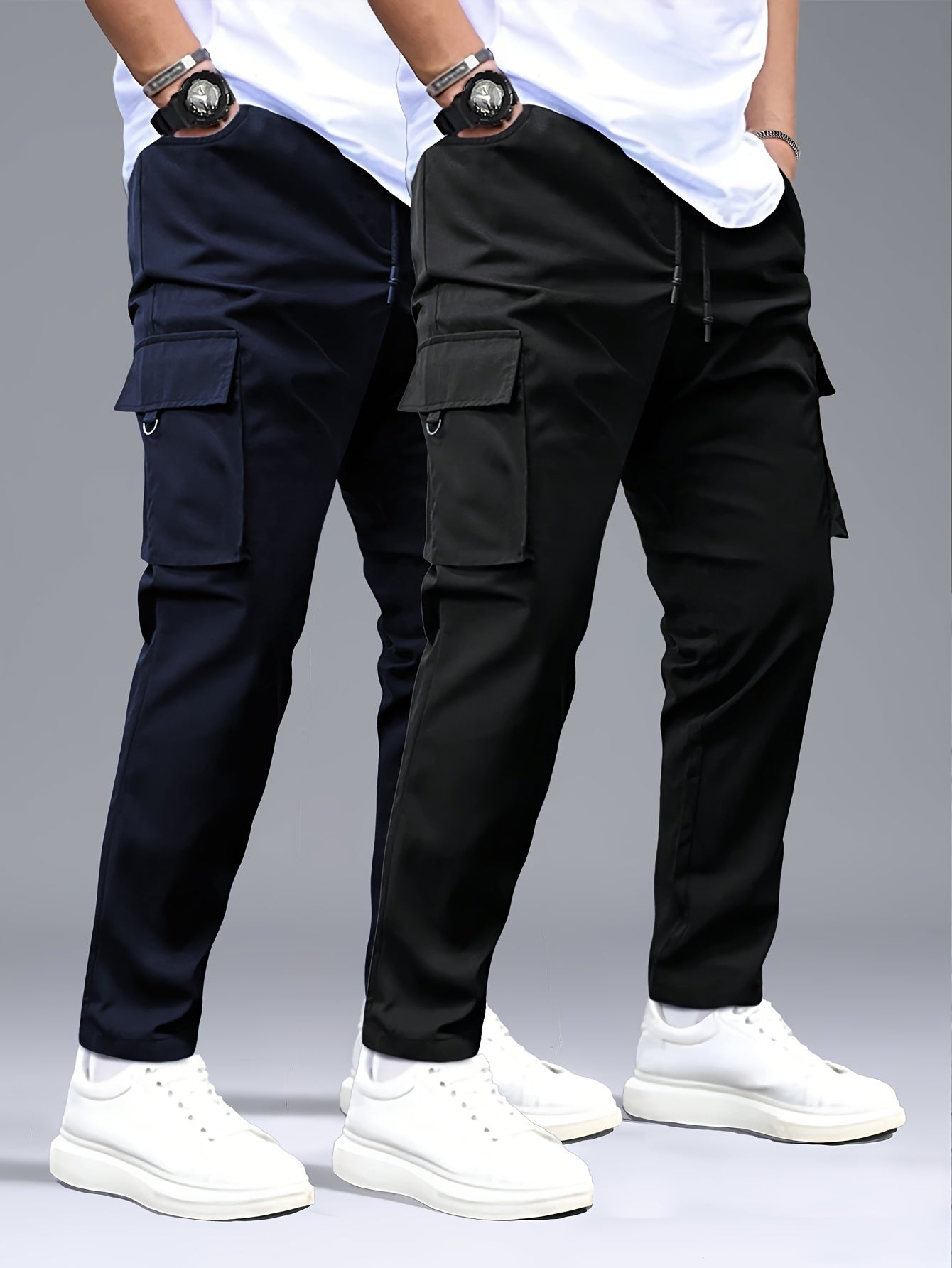 2 stuks Heren Cargo Broeken, Zwart & Grijs met Trekkoord Taille en Meerdere Zakken, Duurzaam Polyester, Ideaal voor Buitenactiviteiten en Casual Dragen, Casual Broeken | Ontwerp met Meerdere Zakken | Duurzame Stof Broeken