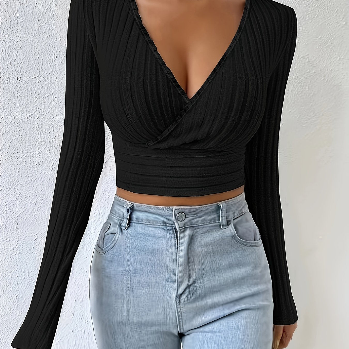 Geribbeld Cropped T-shirt Met Hoge Hals, Casual T-shirt Met Lange Mouwen Voor Lente En Herfst, Dameskleding