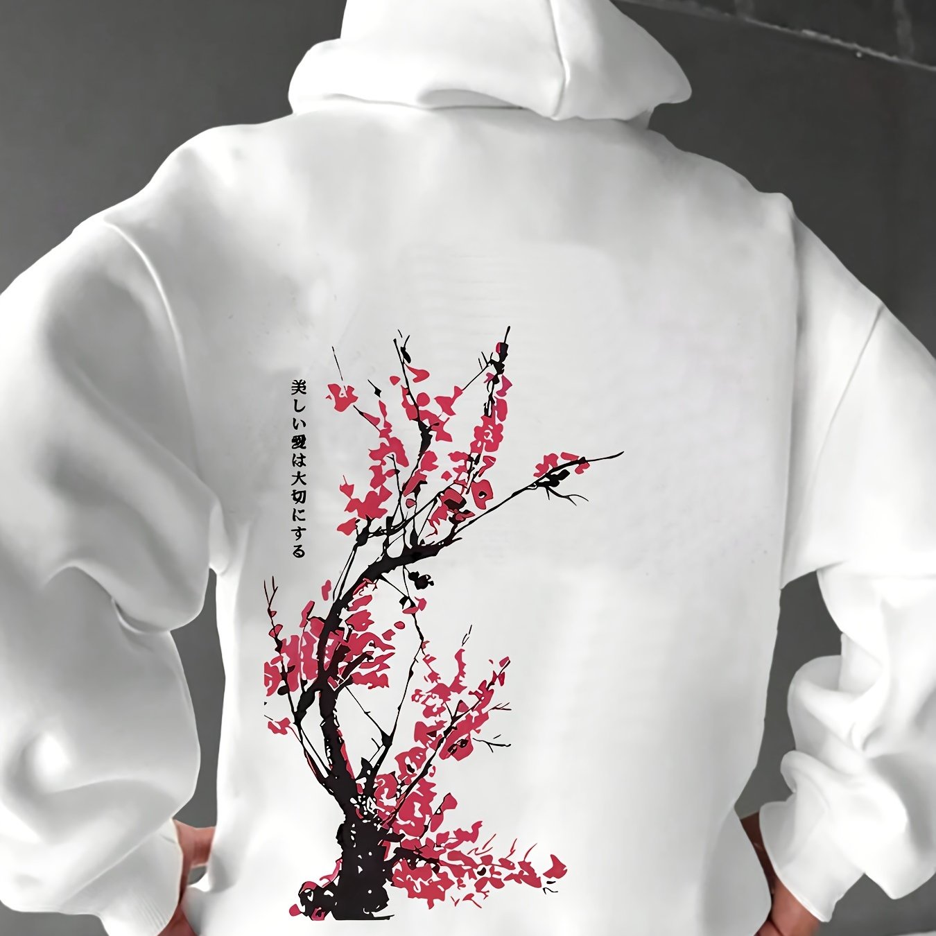 Heren Casual Hoodie met Kersenbloesem Print, 100% Polyester Breiselstof, Lichte Stretch, Losse Pasvorm, Lente/Herfst Weekendkleding, 250g/m² - Wit