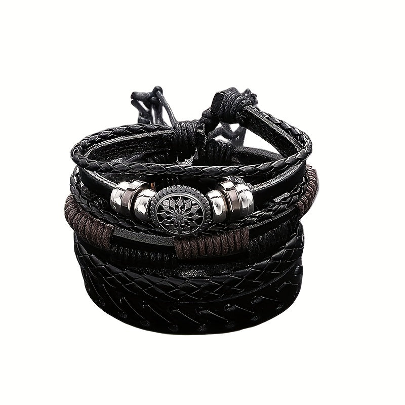 4 Stuks/set Modieuze Vintage Imitatie Leren Geweven Handgemaakte Polsheren Mannen Charm Polsheren