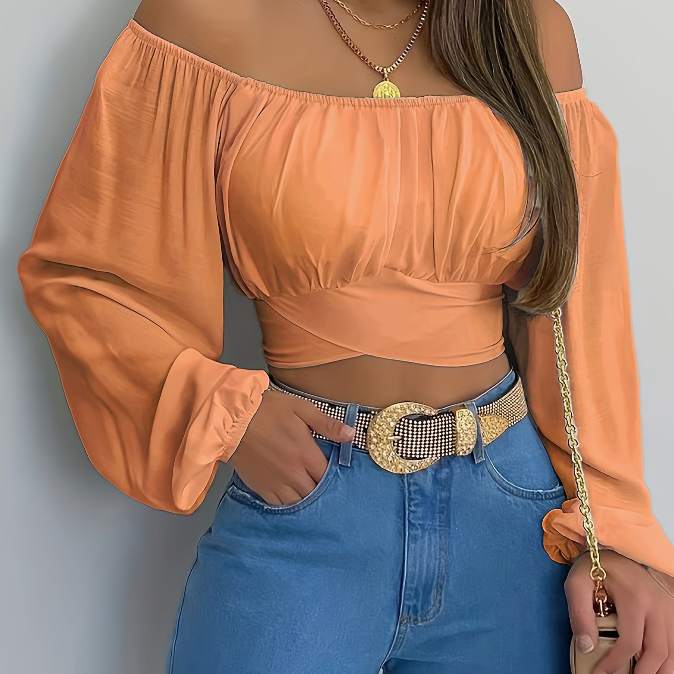 Stevige Kruis Terug Crop Blouse, Casual Schouderloze Lange Mouw Top, Dameskleding Voor Coquette/Schattige/Y2K Stijl