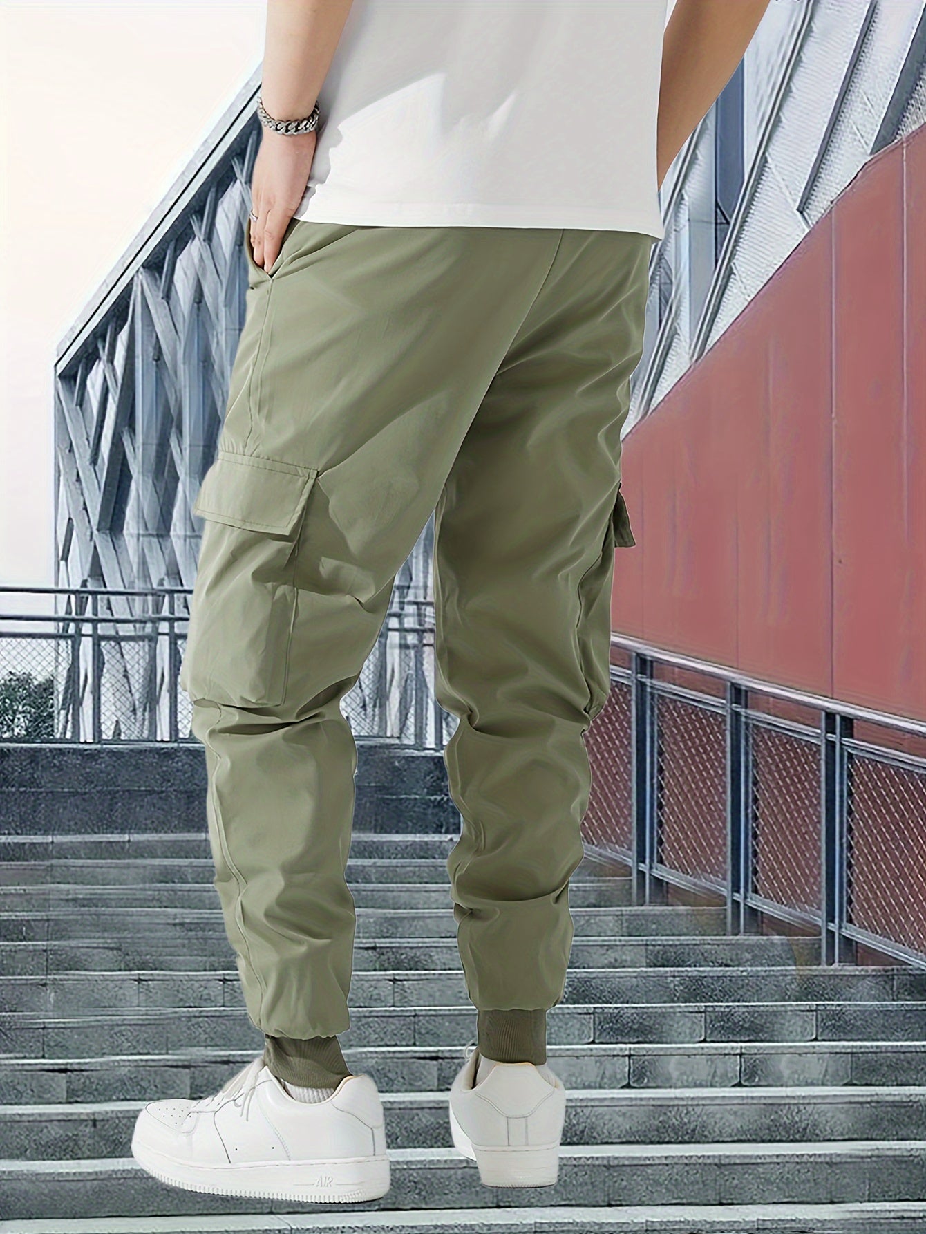 Lichtgewicht Ontwerp| Heren Olijfgroene Cargo Broek - Lichtgewicht Polyester, Casual Stijl met Meerdere Zakken en Trekkoord Taille, Perfect voor Lente/Herfst, Lente Herfst Kleding|Trekkoord Tailleband|Gladde Textuur Stof