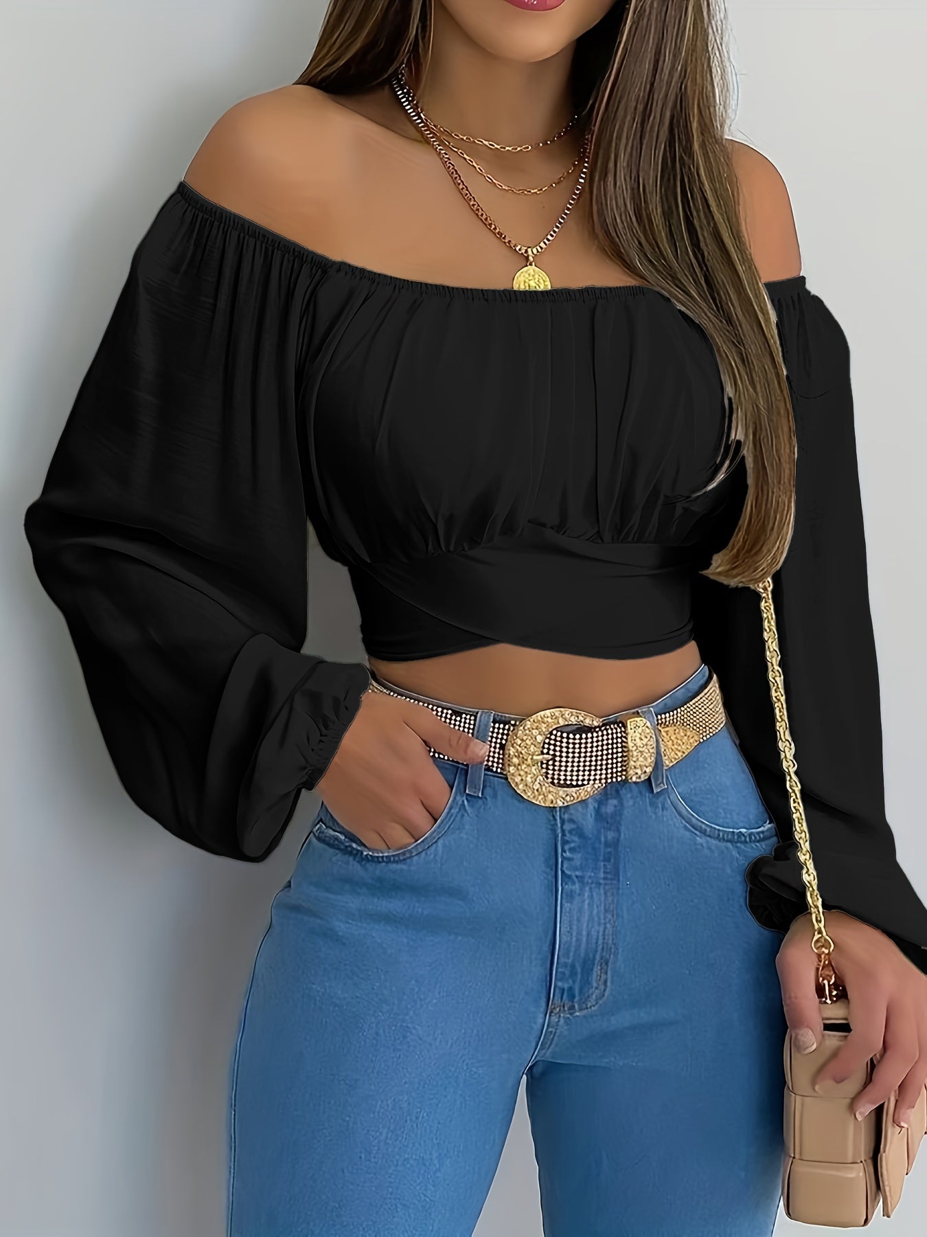 Stevige Kruis Terug Crop Blouse, Casual Schouderloze Lange Mouw Top, Dameskleding Voor Coquette/Schattige/Y2K Stijl