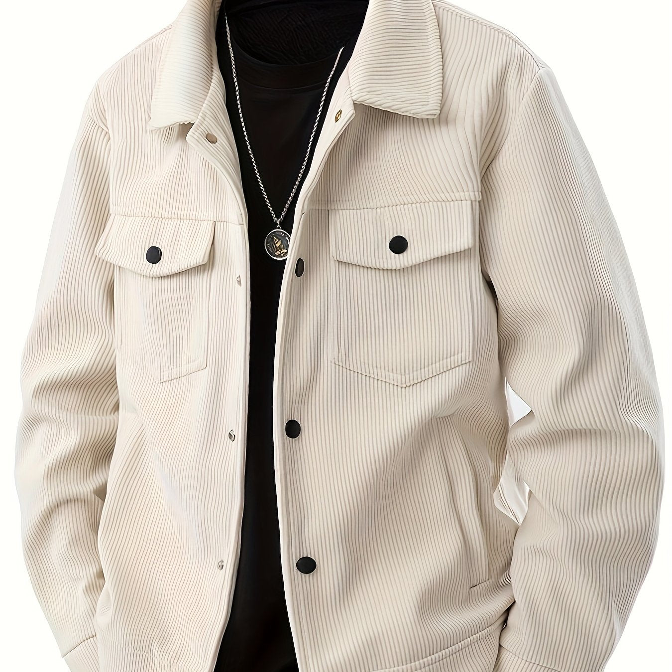 Herencorduroy Cargojack - Zwart, Ontwerp met Meerdere Zakken en Klepzakken, Knoopsluiting, Lange Mouwen, Casual Stijl, Machinewasbaar, Polyester Materiaal