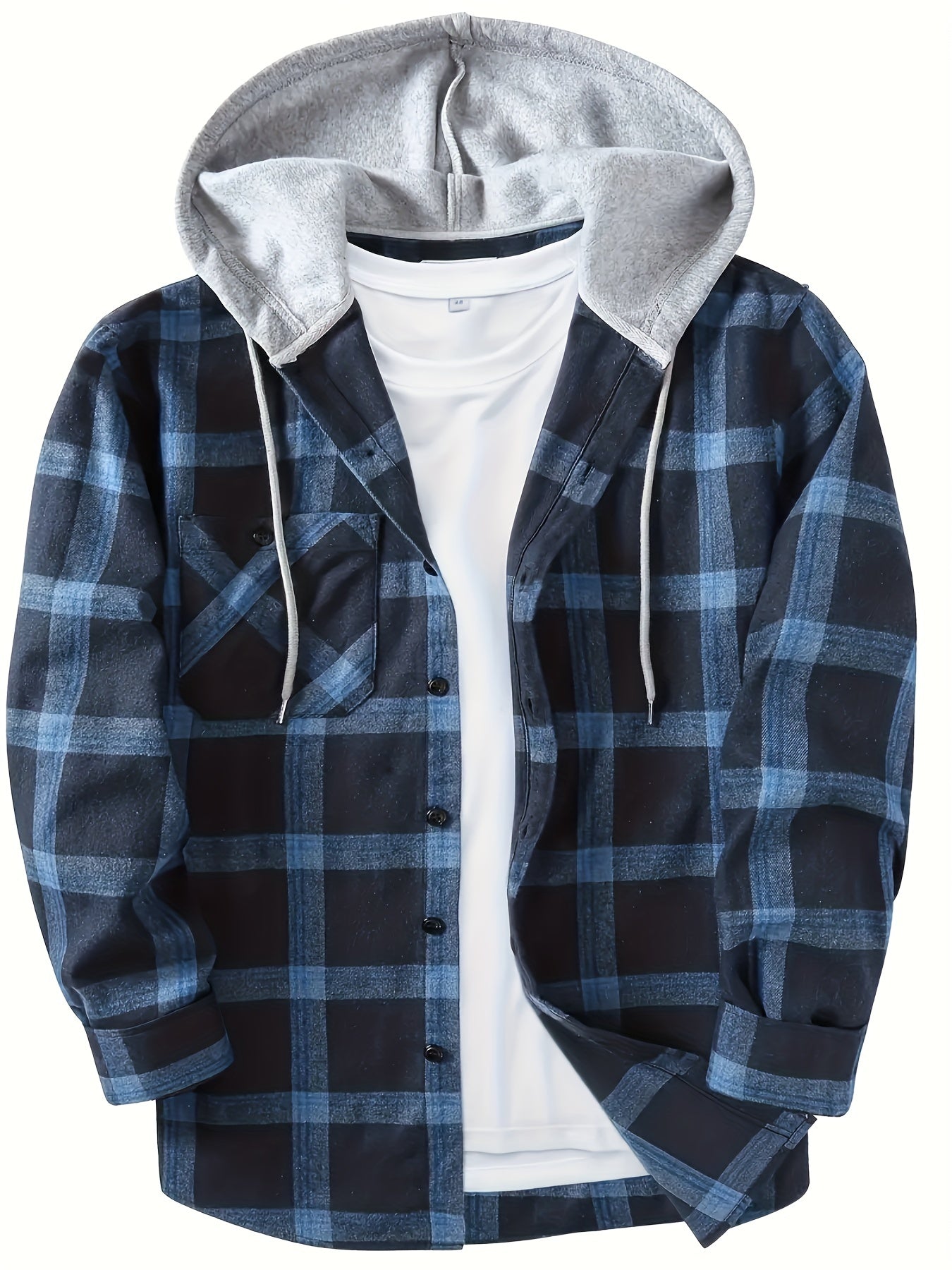 Casual Geruite Herenhoodie met Borstzakje en Verstelbare Trekkoord - Lange Mouwen, Knoopsluiting in Groen/Zwart/Grijs voor Lente & Herfst