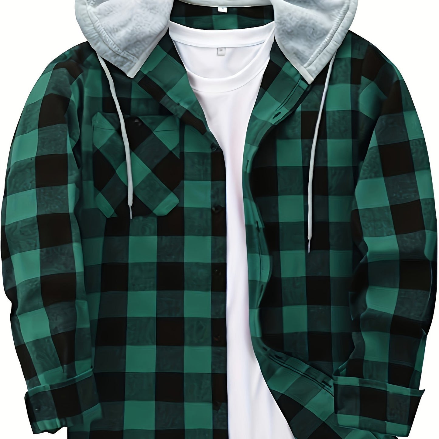 Casual Geruite Herenhoodie met Borstzakje en Verstelbare Trekkoord - Lange Mouwen, Knoopsluiting in Groen/Zwart/Grijs voor Lente & Herfst