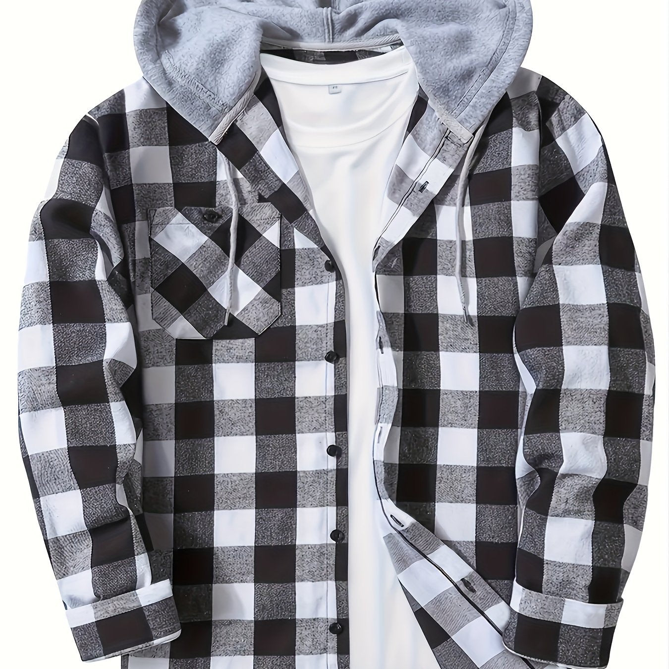 Casual Geruite Herenhoodie met Borstzakje en Verstelbare Trekkoord - Lange Mouwen, Knoopsluiting in Groen/Zwart/Grijs voor Lente & Herfst