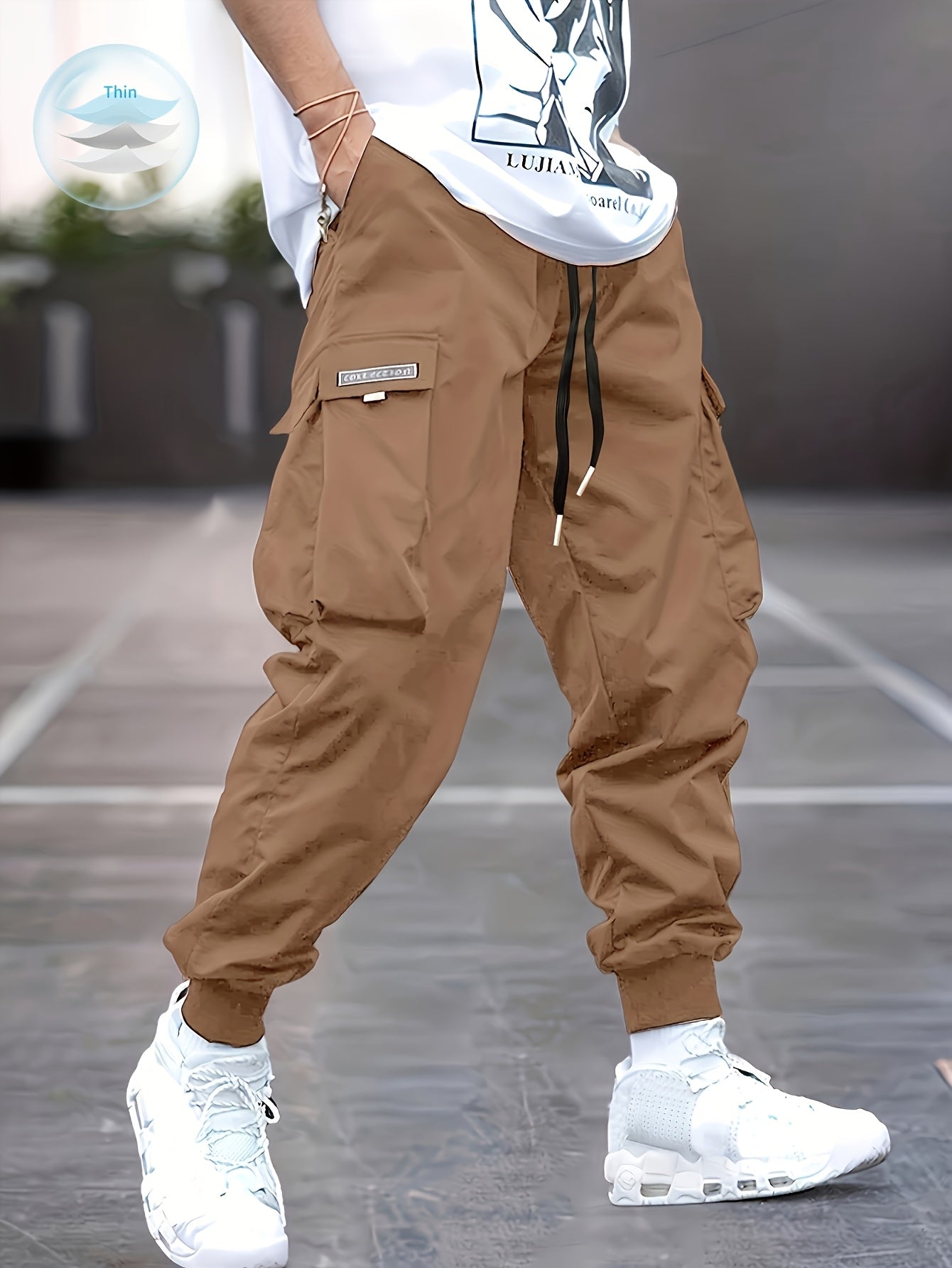 Lichtgewicht Ontwerp| Heren Olijfgroene Cargo Broek - Lichtgewicht Polyester, Casual Stijl met Meerdere Zakken en Trekkoord Taille, Perfect voor Lente/Herfst, Lente Herfst Kleding|Trekkoord Tailleband|Gladde Textuur Stof