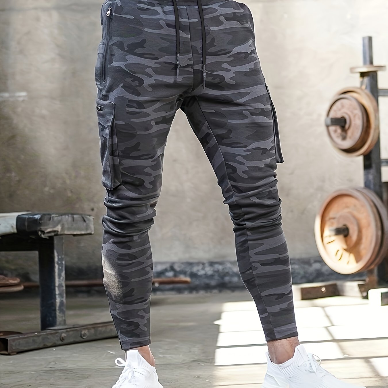 Herensportbroek met camouflageprint, multifunctionele cargojoggingbroek, casual trainingsbroek voor de sportschool, veelzijdige sportbroek met trekkoord en zakken, outdoor kleding.