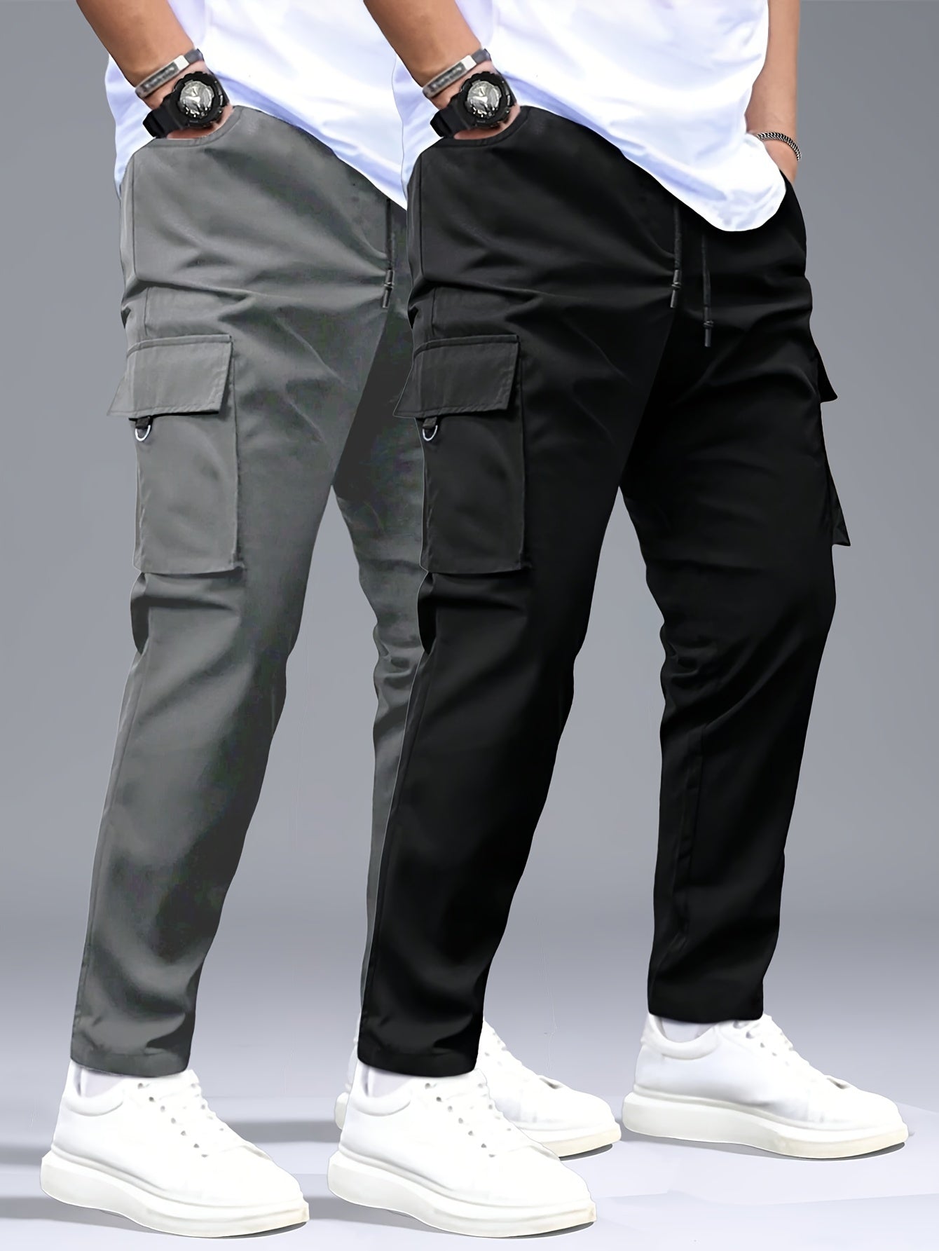 2 stuks Heren Cargo Broeken, Zwart & Grijs met Trekkoord Taille en Meerdere Zakken, Duurzaam Polyester, Ideaal voor Buitenactiviteiten en Casual Dragen, Casual Broeken | Ontwerp met Meerdere Zakken | Duurzame Stof Broeken