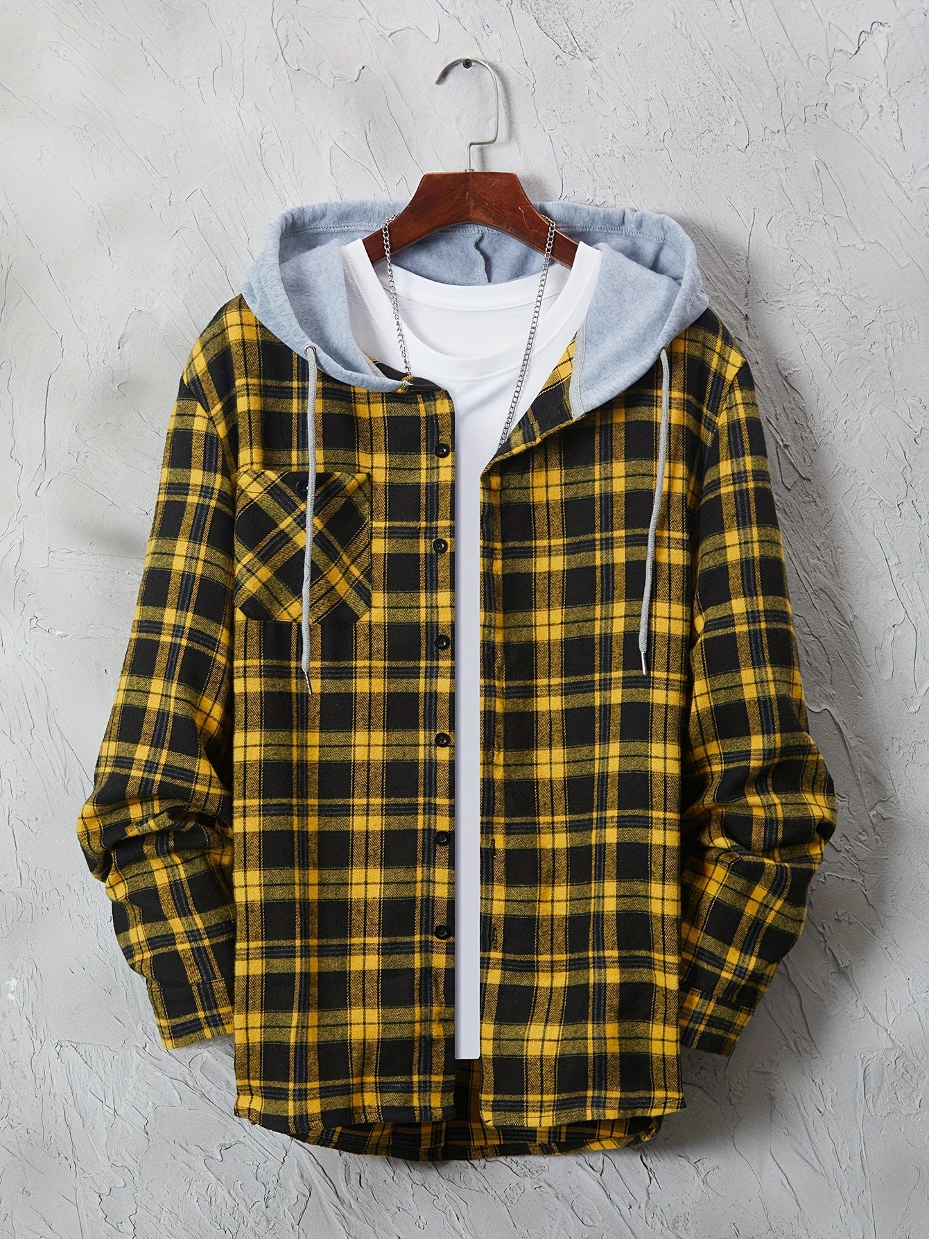 Casual Geruite Herenhoodie met Borstzakje en Verstelbare Trekkoord - Lange Mouwen, Knoopsluiting in Groen/Zwart/Grijs voor Lente & Herfst