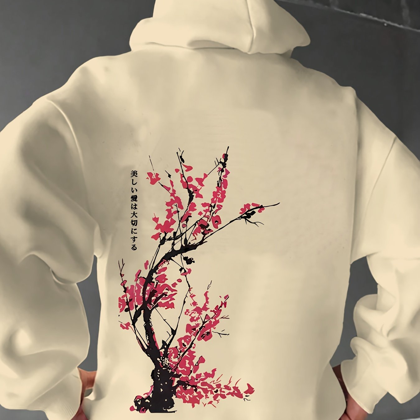 Heren Casual Hoodie met Kersenbloesem Print, 100% Polyester Breiselstof, Lichte Stretch, Losse Pasvorm, Lente/Herfst Weekendkleding, 250g/m² - Wit