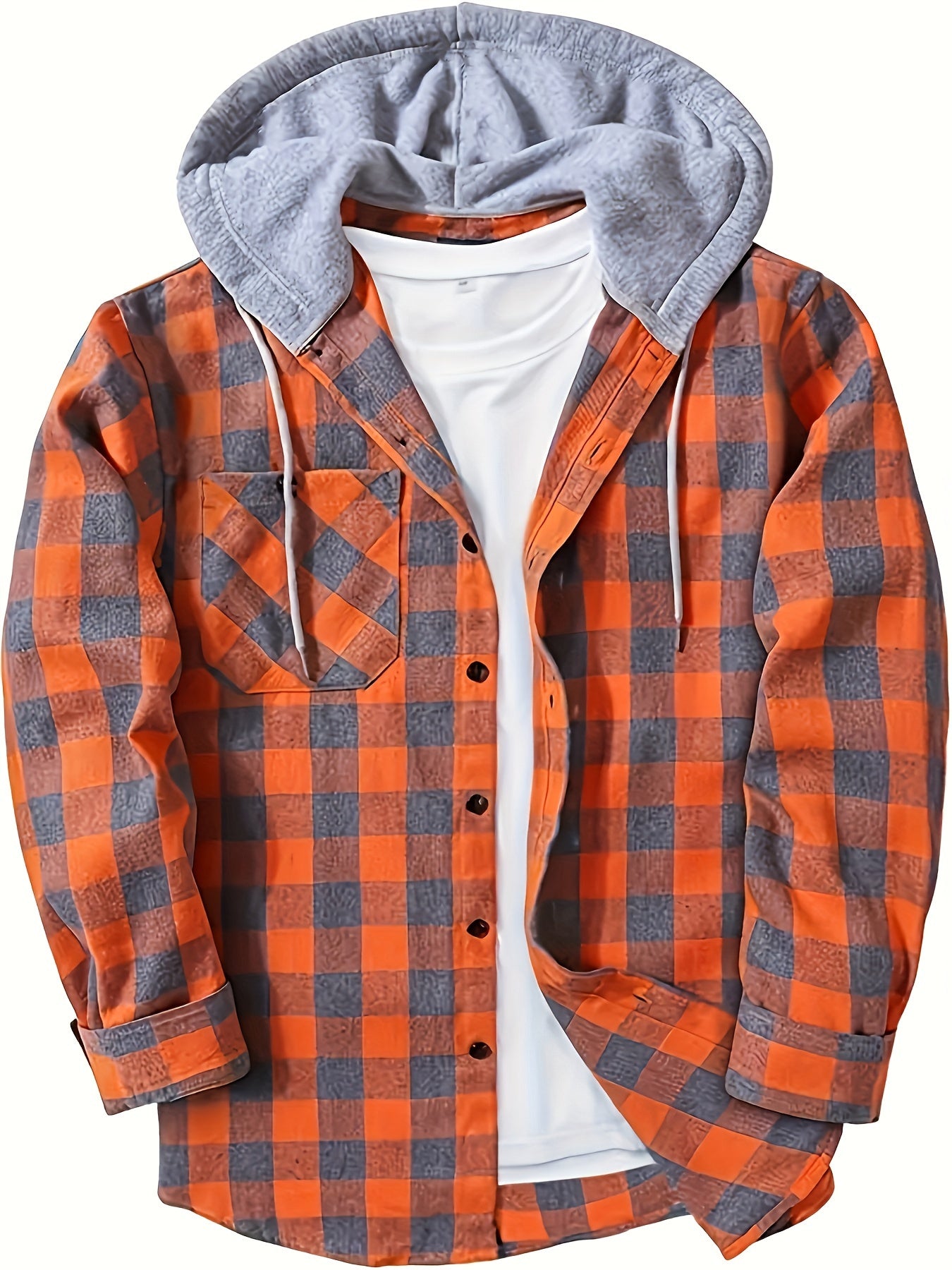 Casual Geruite Herenhoodie met Borstzakje en Verstelbare Trekkoord - Lange Mouwen, Knoopsluiting in Groen/Zwart/Grijs voor Lente & Herfst