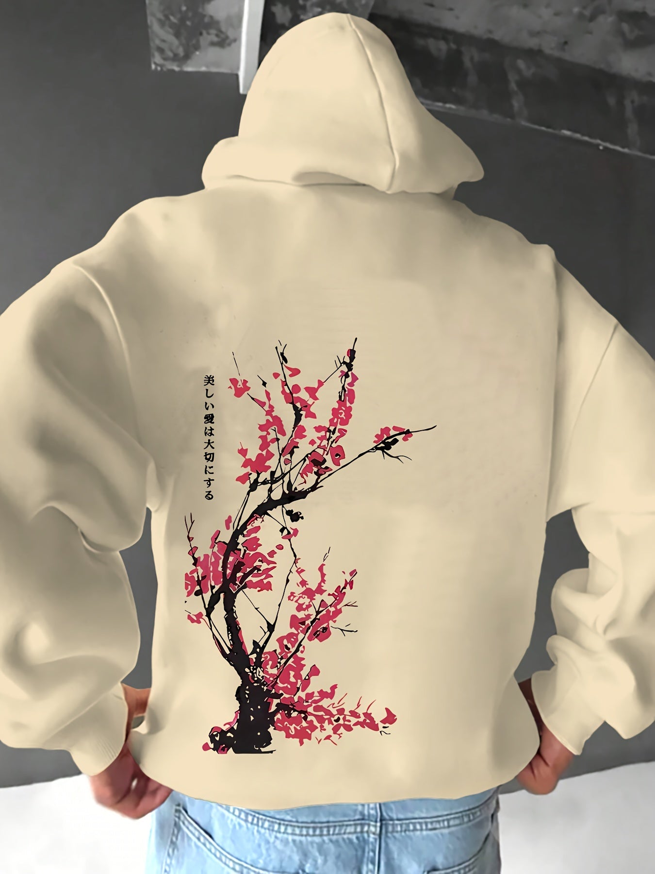Heren Casual Hoodie met Kersenbloesem Print, 100% Polyester Breiselstof, Lichte Stretch, Losse Pasvorm, Lente/Herfst Weekendkleding, 250g/m² - Wit