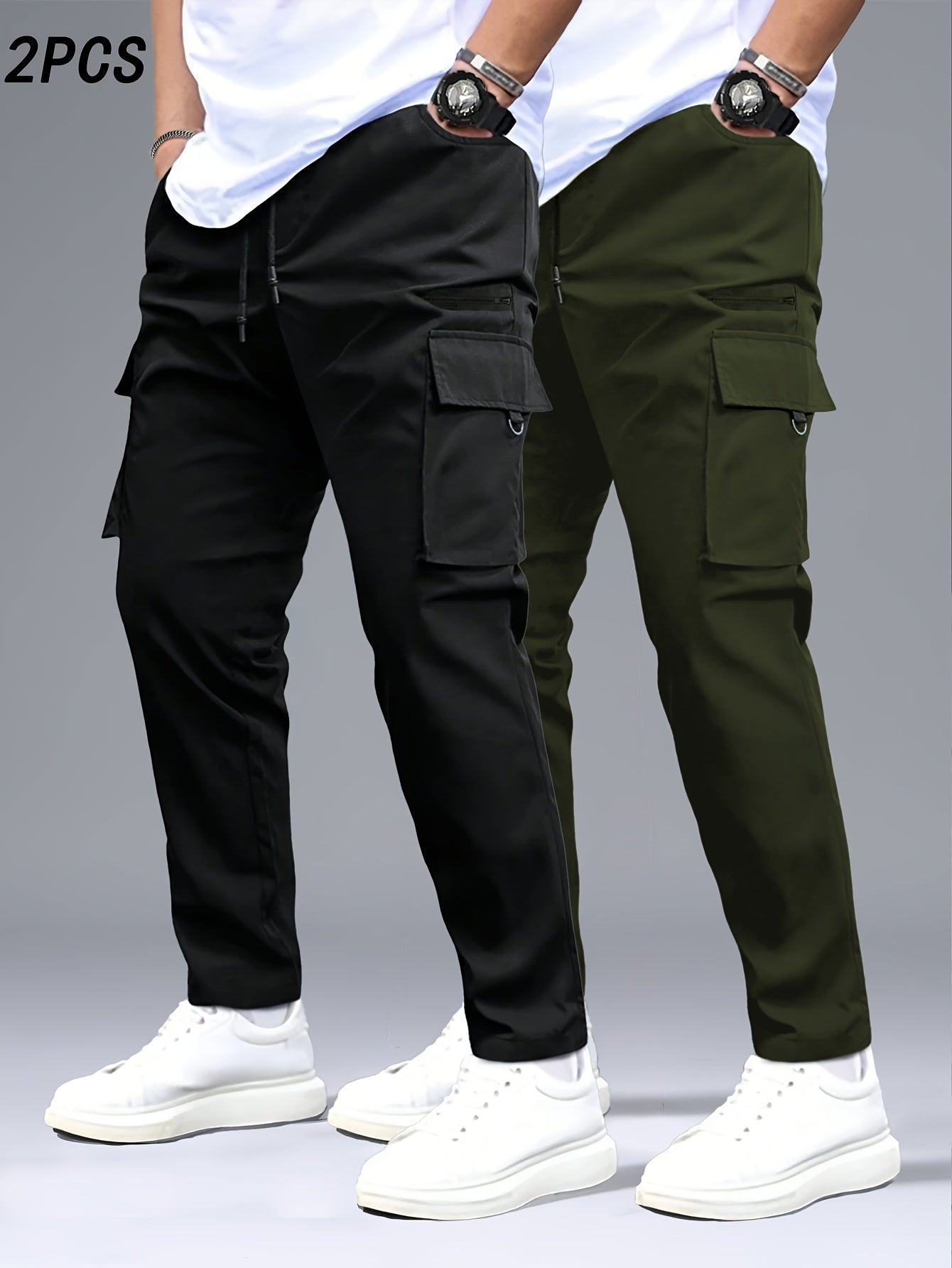 2 stuks Heren Cargo Broeken, Zwart & Grijs met Trekkoord Taille en Meerdere Zakken, Duurzaam Polyester, Ideaal voor Buitenactiviteiten en Casual Dragen, Casual Broeken | Ontwerp met Meerdere Zakken | Duurzame Stof Broeken