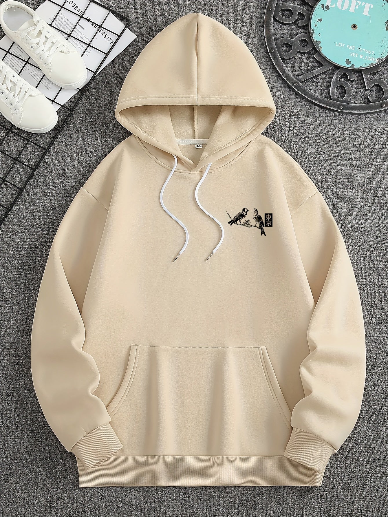 1pc Heren Casual French Terry Hoodie met Tokyo Print, Geometrisch Patroon, Niet-Stretch Breisel, Losse Pasvorm, Normale Lengte, Capuchon Kraag en Zak Detail