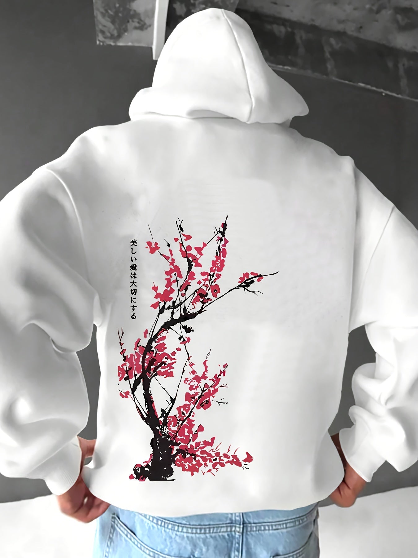 Heren Casual Hoodie met Kersenbloesem Print, 100% Polyester Breiselstof, Lichte Stretch, Losse Pasvorm, Lente/Herfst Weekendkleding, 250g/m² - Wit