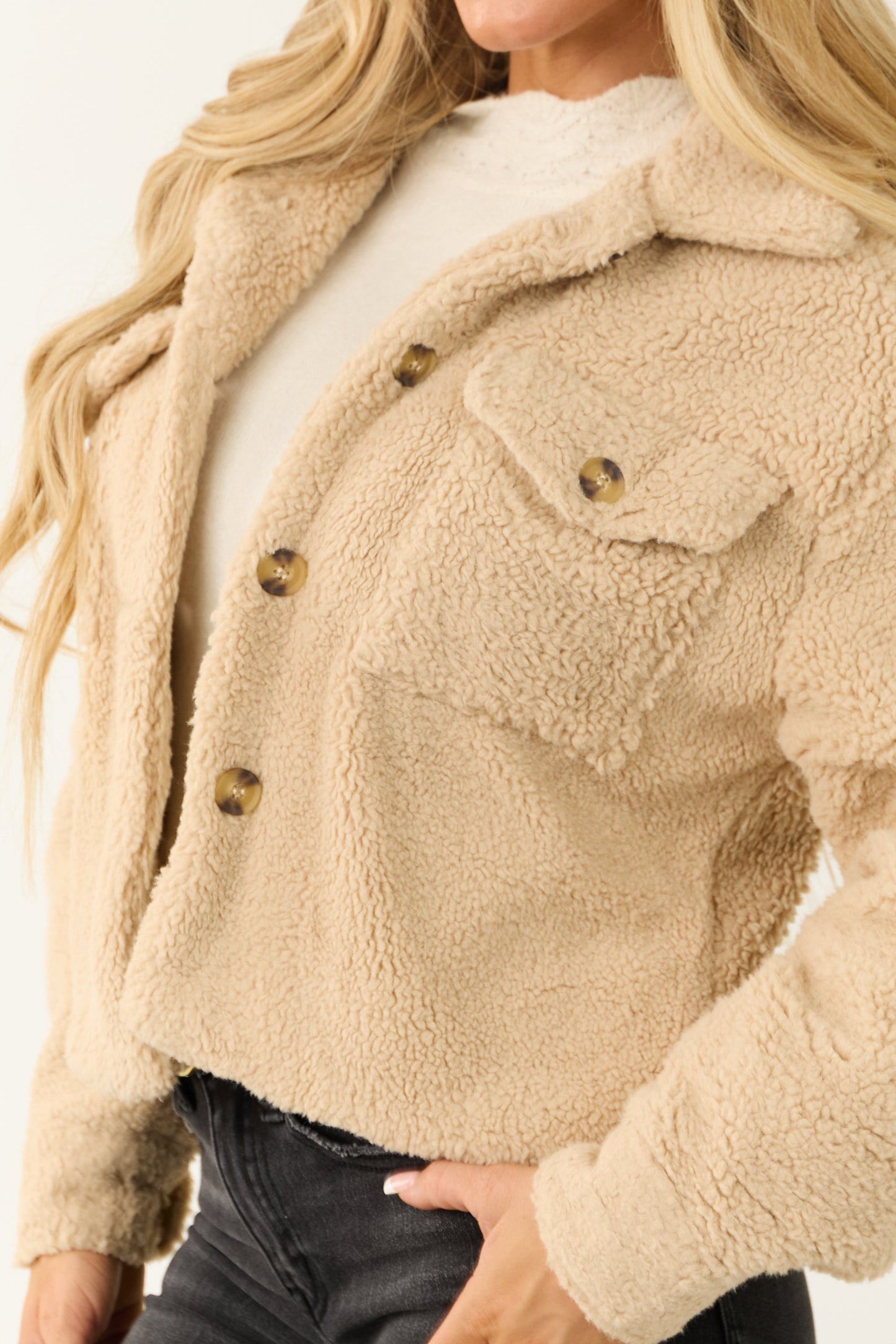 Dames Sherpa Jas met Knoopsluiting en Voorzakken