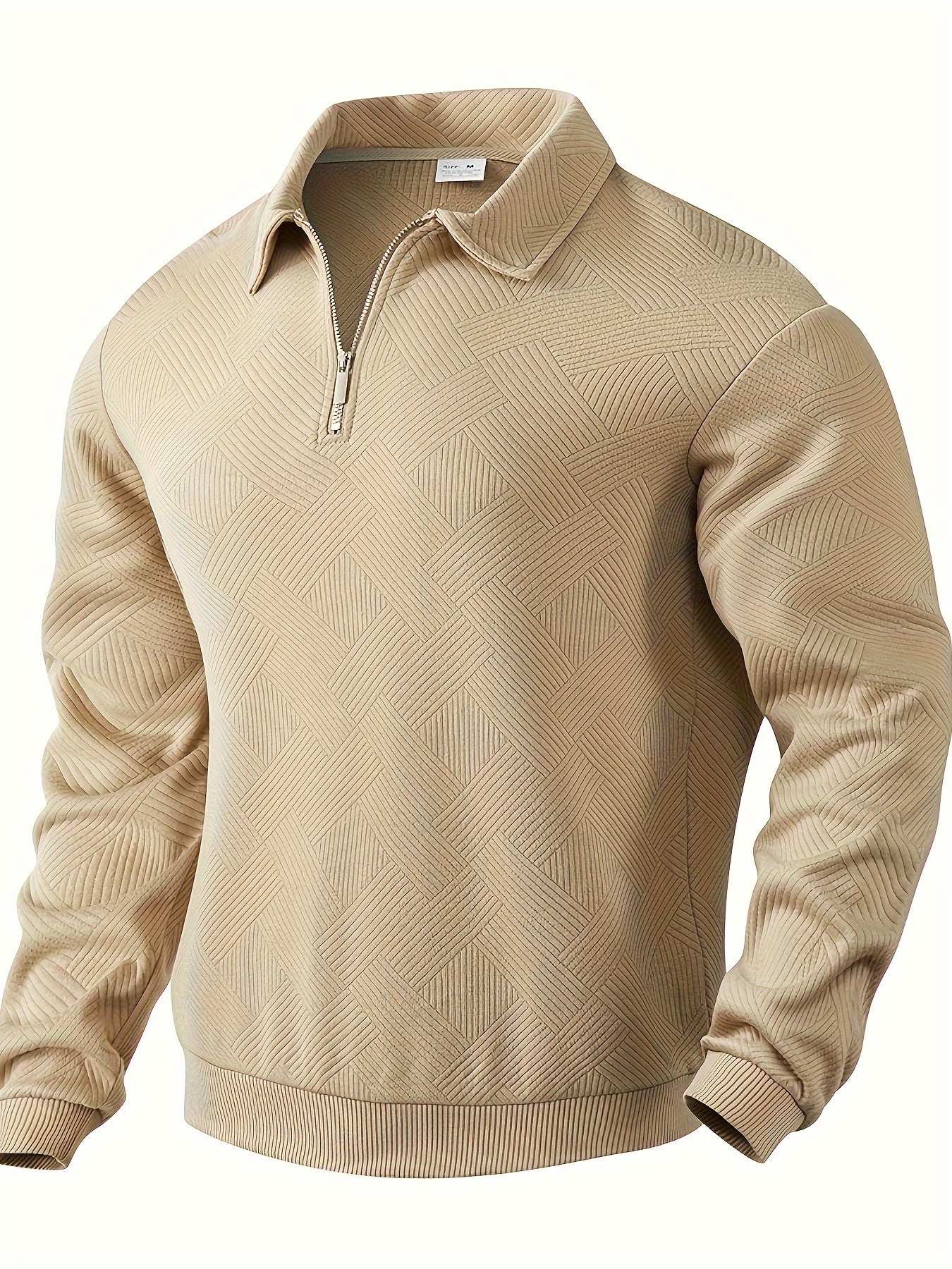 Heren Casual Henley Pullover Trui - Geometrisch Patroon Gebreide Stof met Rits, Polyester & Elastaan Blend, Revers Kraag, Lichte Stretch voor Herfst/Winter