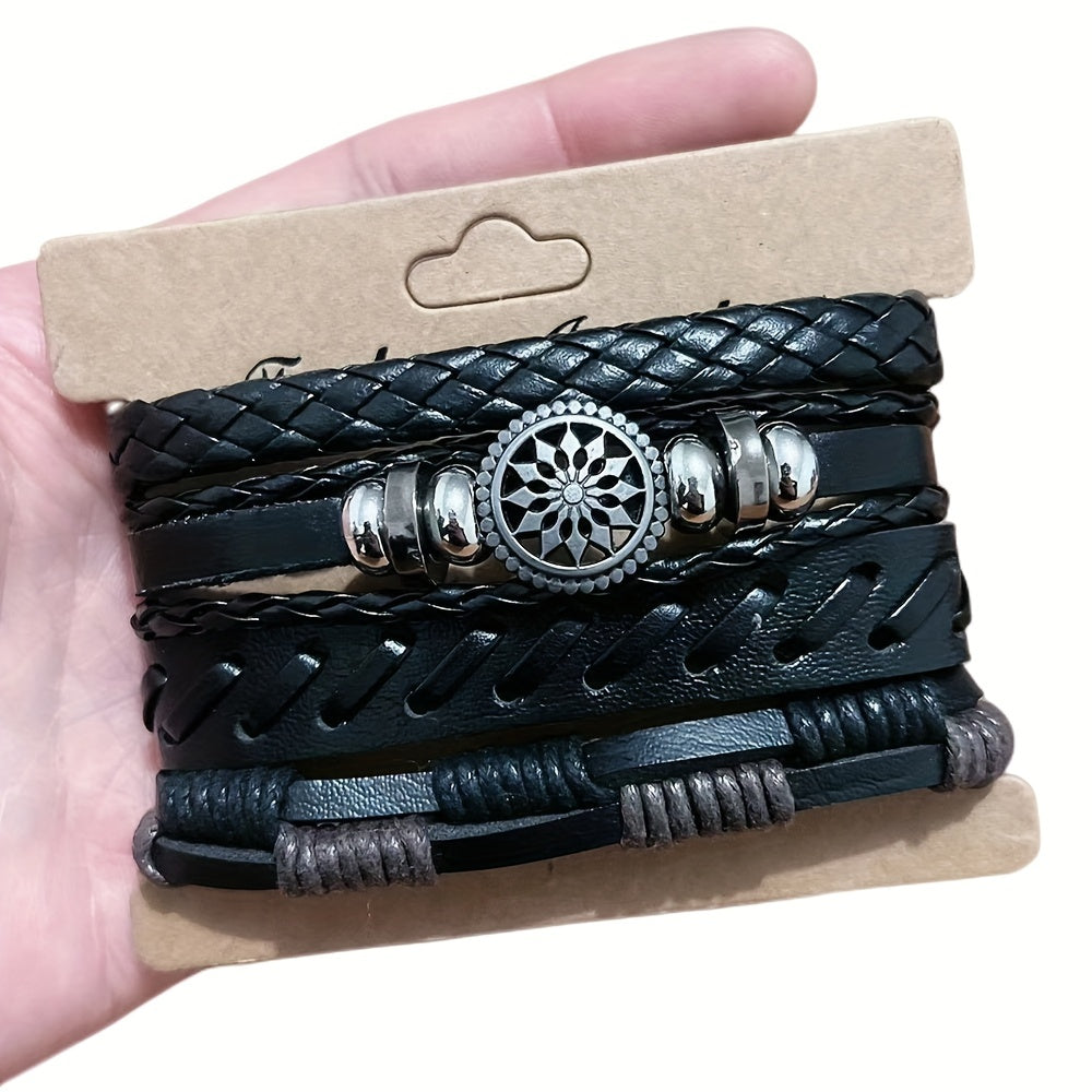 4 Stuks/set Modieuze Vintage Imitatie Leren Geweven Handgemaakte Polsheren Mannen Charm Polsheren