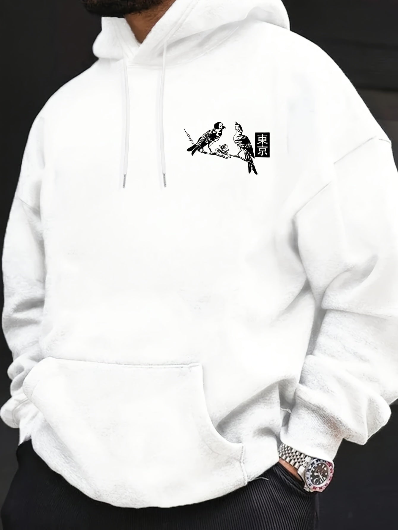 1pc Heren Casual French Terry Hoodie met Tokyo Print, Geometrisch Patroon, Niet-Stretch Breisel, Losse Pasvorm, Normale Lengte, Capuchon Kraag en Zak Detail