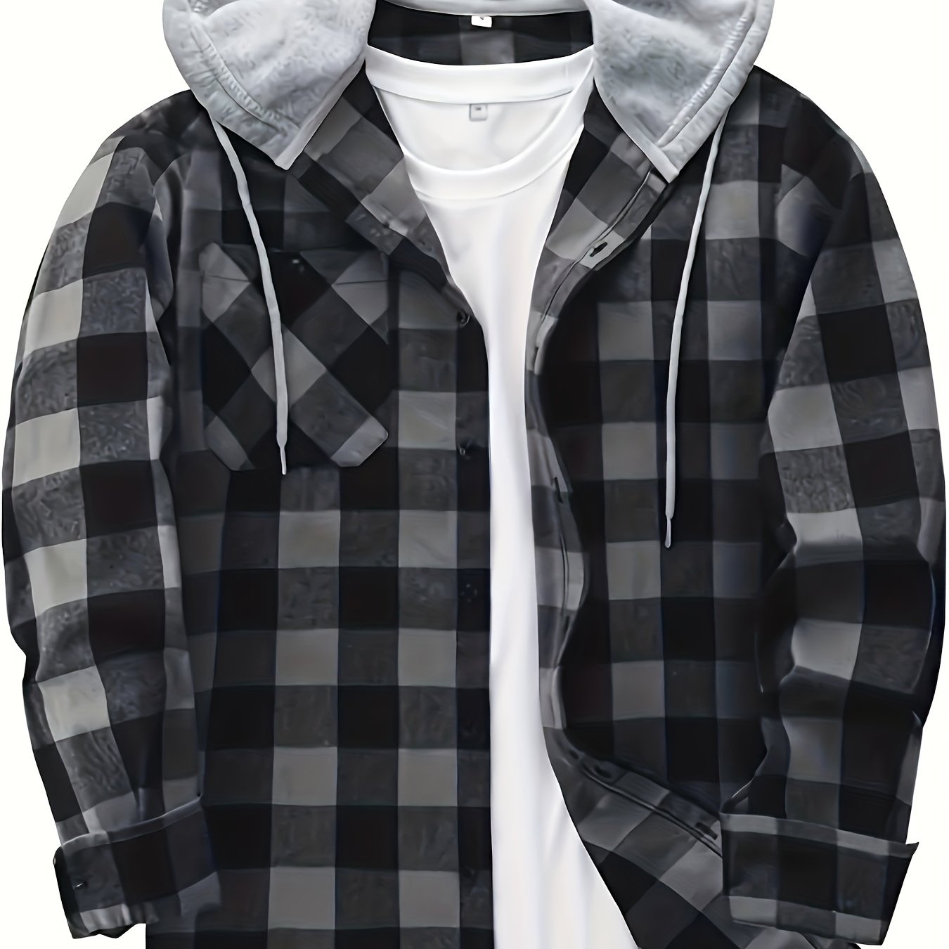 Casual Geruite Herenhoodie met Borstzakje en Verstelbare Trekkoord - Lange Mouwen, Knoopsluiting in Groen/Zwart/Grijs voor Lente & Herfst