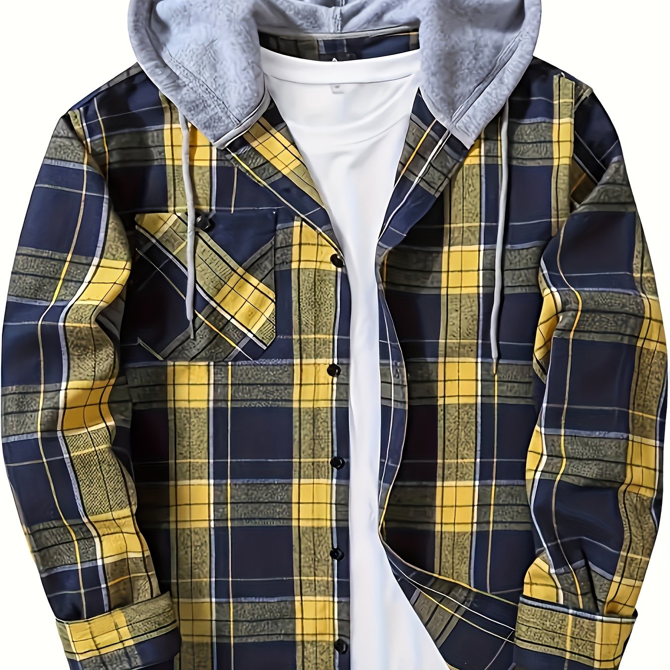 Casual Geruite Herenhoodie met Borstzakje en Verstelbare Trekkoord - Lange Mouwen, Knoopsluiting in Groen/Zwart/Grijs voor Lente & Herfst