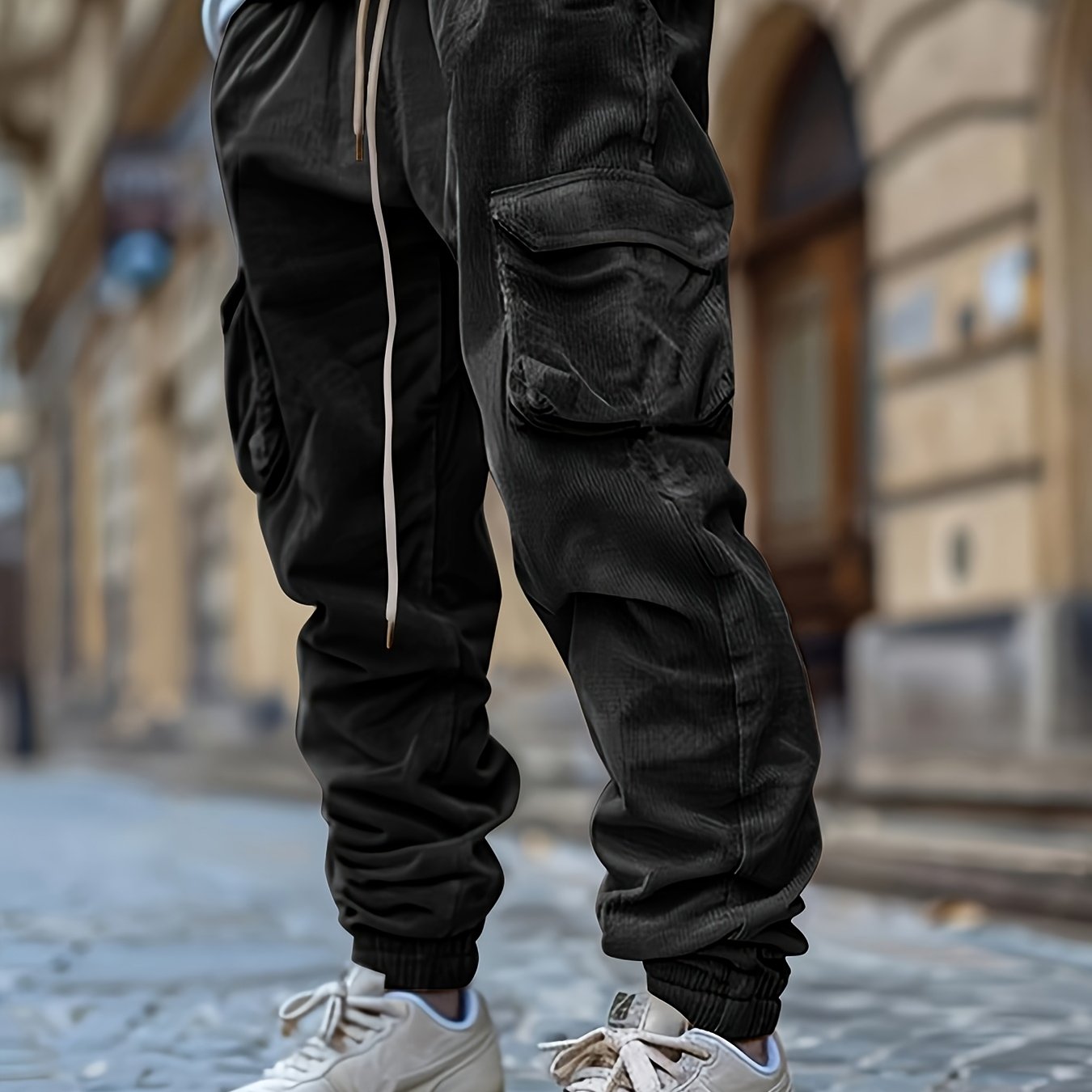 1 stuk heren corduroy cargobroek, tinta unita midden taille met zakken, trekkoord taille, lichte stretch, casual regular fit, comfortabele ademende polyester voering, modieuze dagelijkse broek
