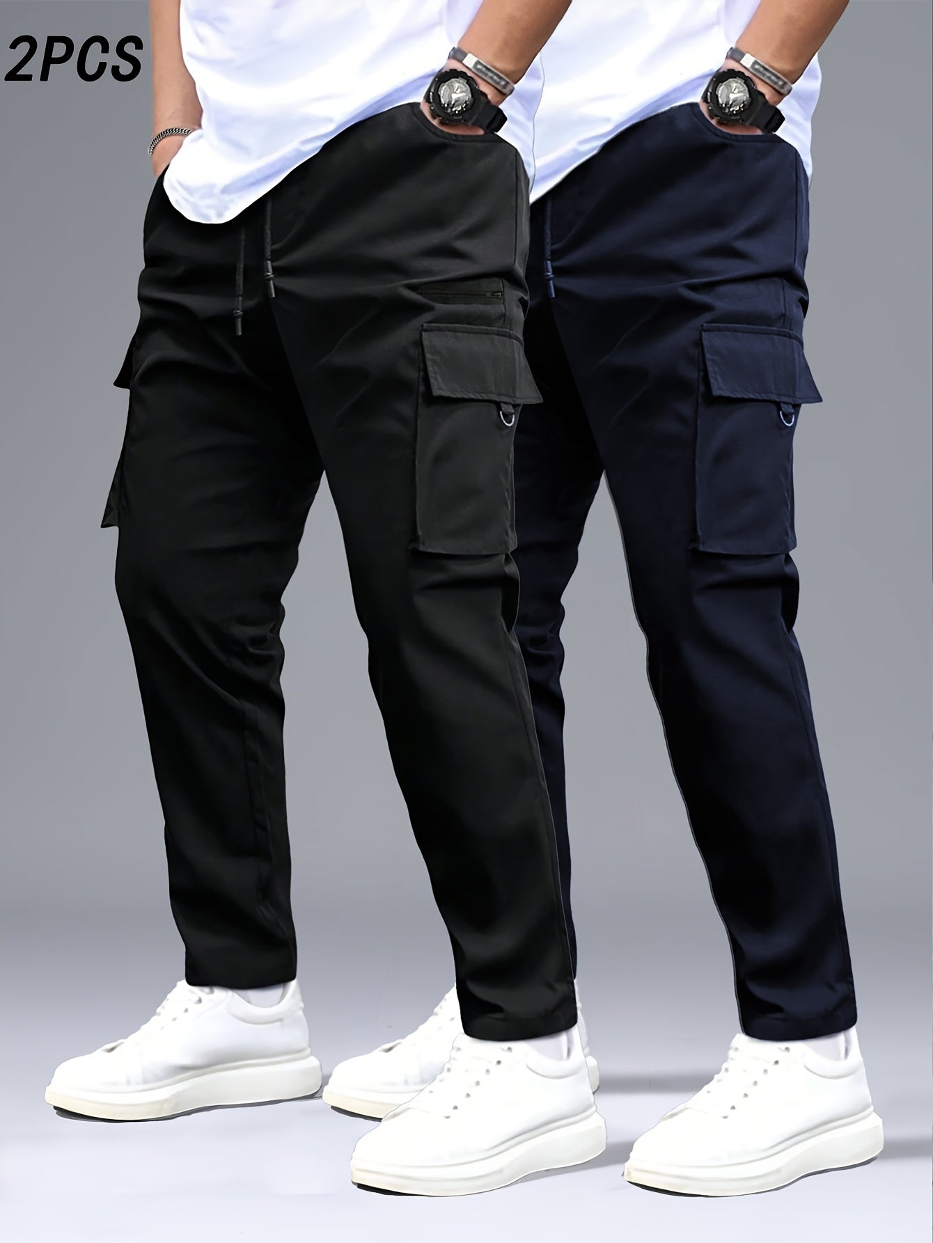 2 stuks Heren Cargo Broeken, Zwart & Grijs met Trekkoord Taille en Meerdere Zakken, Duurzaam Polyester, Ideaal voor Buitenactiviteiten en Casual Dragen, Casual Broeken | Ontwerp met Meerdere Zakken | Duurzame Stof Broeken
