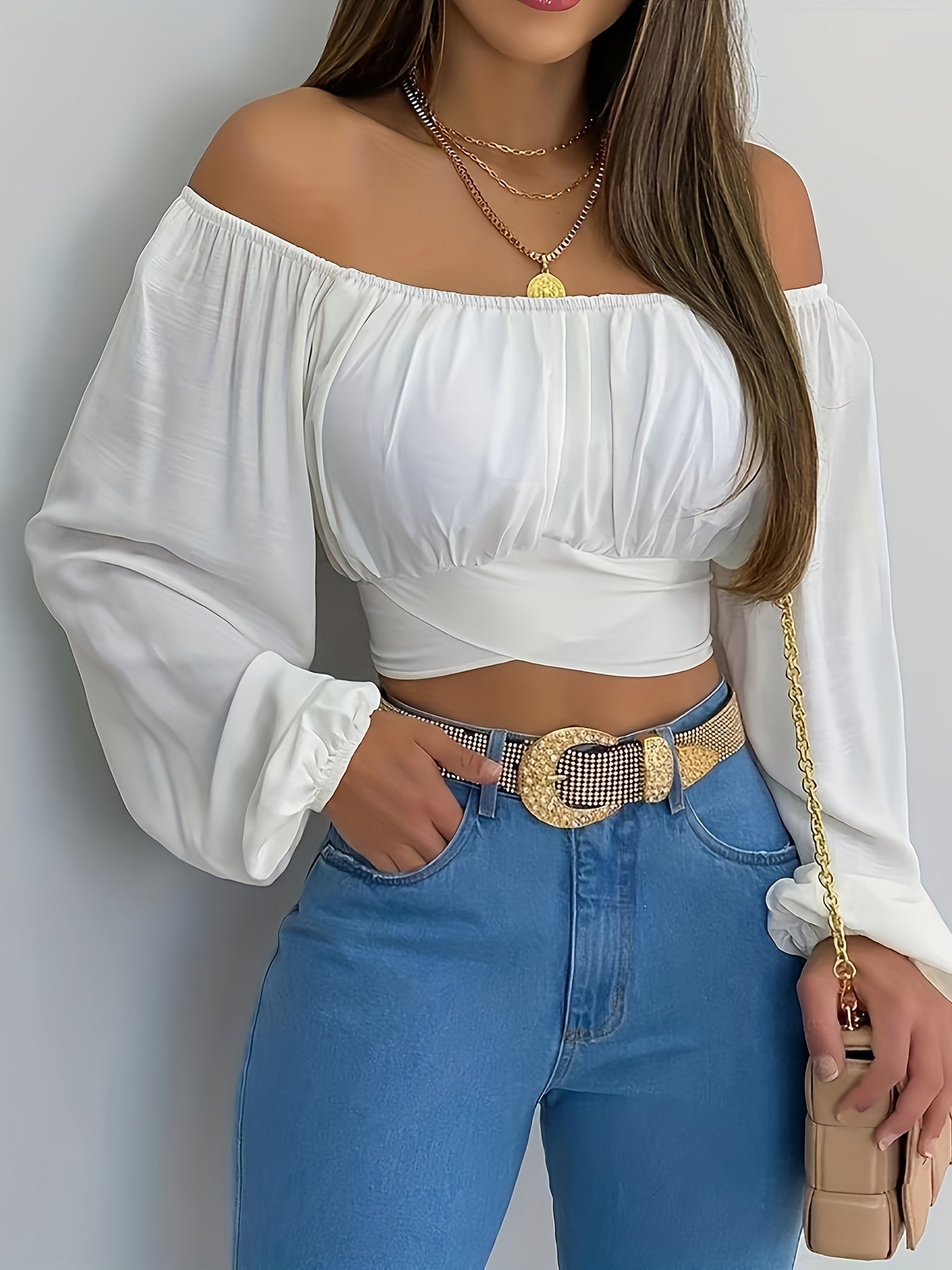 Stevige Kruis Terug Crop Blouse, Casual Schouderloze Lange Mouw Top, Dameskleding Voor Coquette/Schattige/Y2K Stijl
