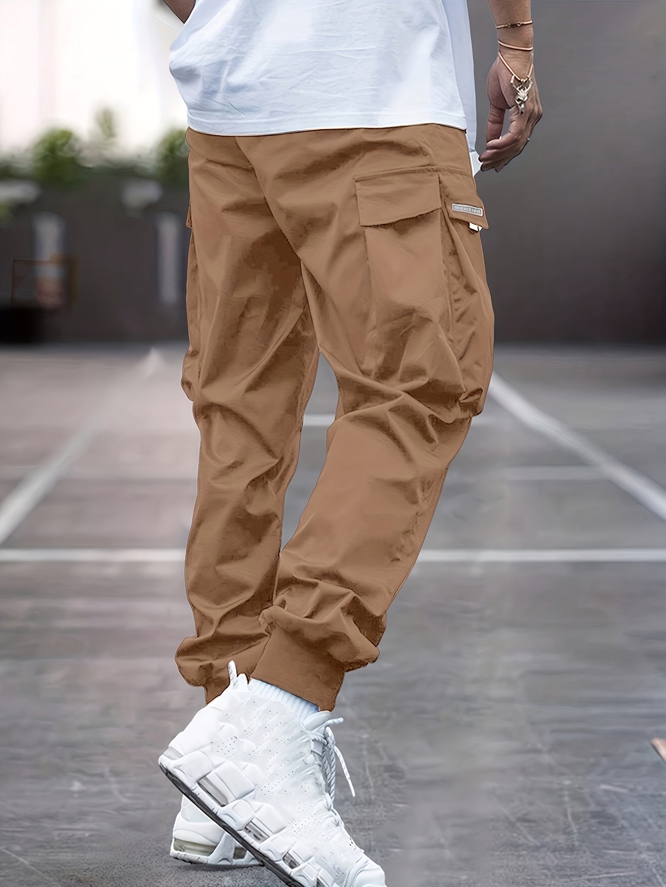 Lichtgewicht Ontwerp| Heren Olijfgroene Cargo Broek - Lichtgewicht Polyester, Casual Stijl met Meerdere Zakken en Trekkoord Taille, Perfect voor Lente/Herfst, Lente Herfst Kleding|Trekkoord Tailleband|Gladde Textuur Stof