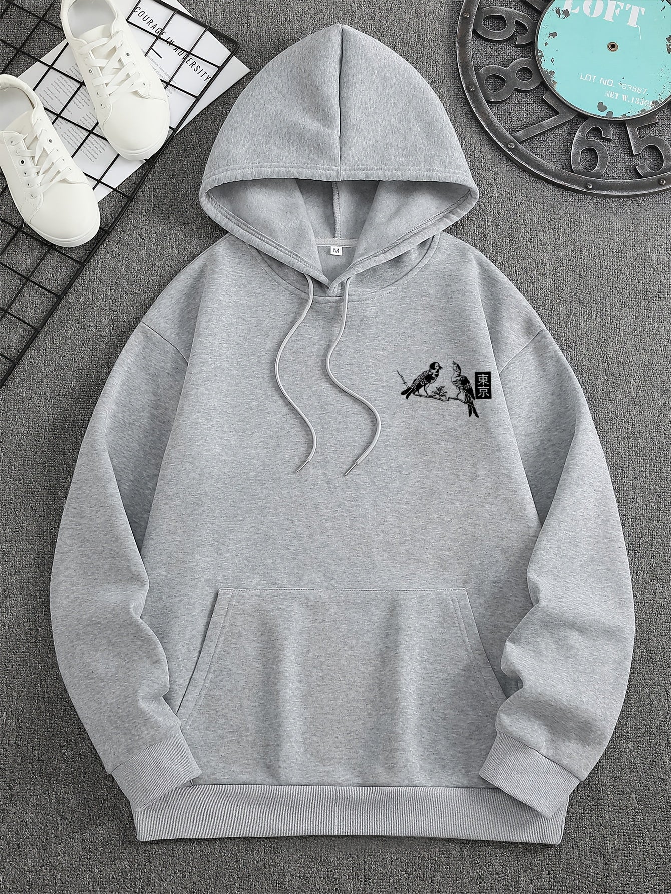 1pc Heren Casual French Terry Hoodie met Tokyo Print, Geometrisch Patroon, Niet-Stretch Breisel, Losse Pasvorm, Normale Lengte, Capuchon Kraag en Zak Detail