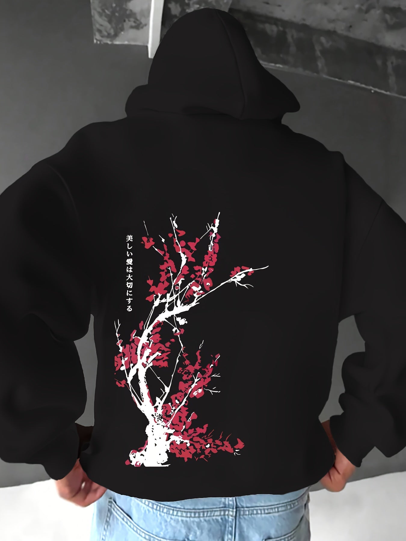Heren Casual Hoodie met Kersenbloesem Print, 100% Polyester Breiselstof, Lichte Stretch, Losse Pasvorm, Lente/Herfst Weekendkleding, 250g/m² - Wit