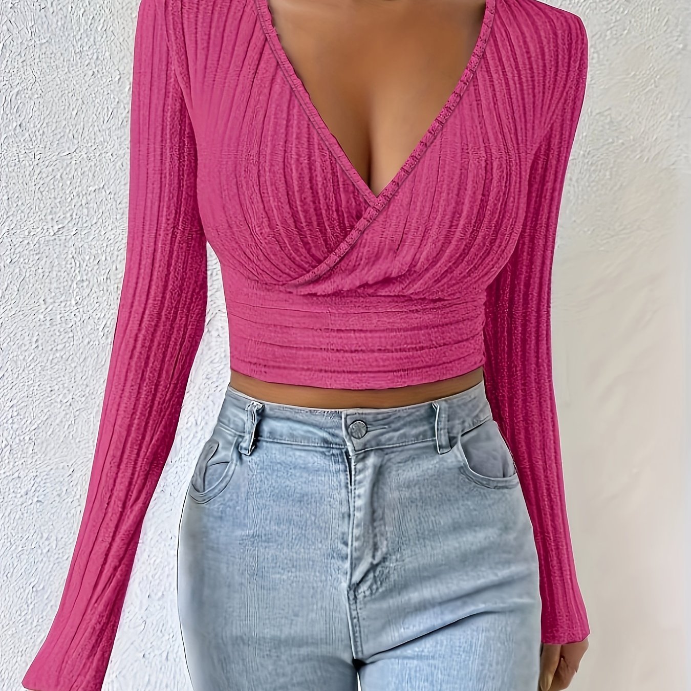 Geribbeld Cropped T-shirt Met Hoge Hals, Casual T-shirt Met Lange Mouwen Voor Lente En Herfst, Dameskleding