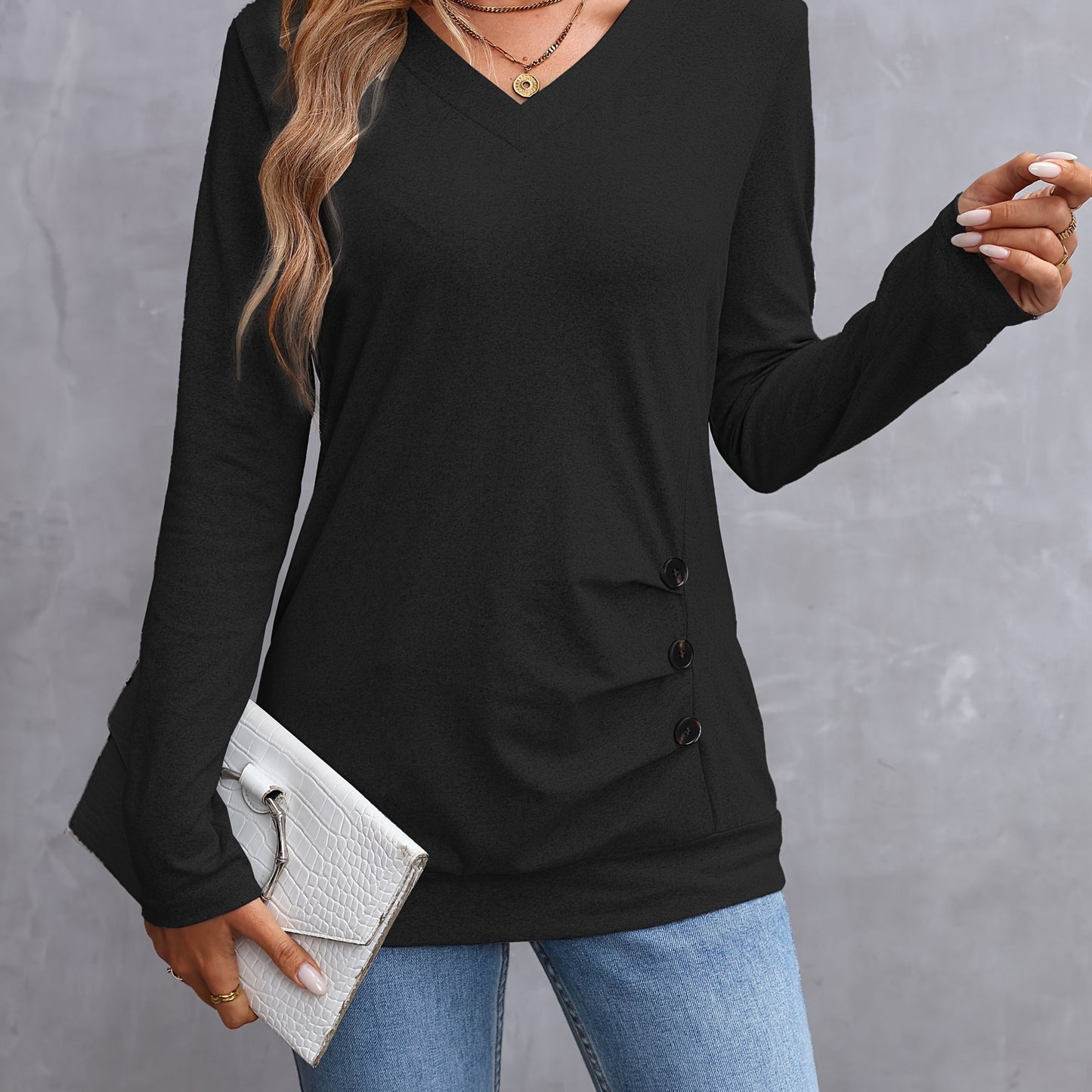 Elegante dames v-hals t-shirt met lange mouwen en knoopdetail - 100% polyester breisel, tinta unita, normale lengte voor lente en herfst