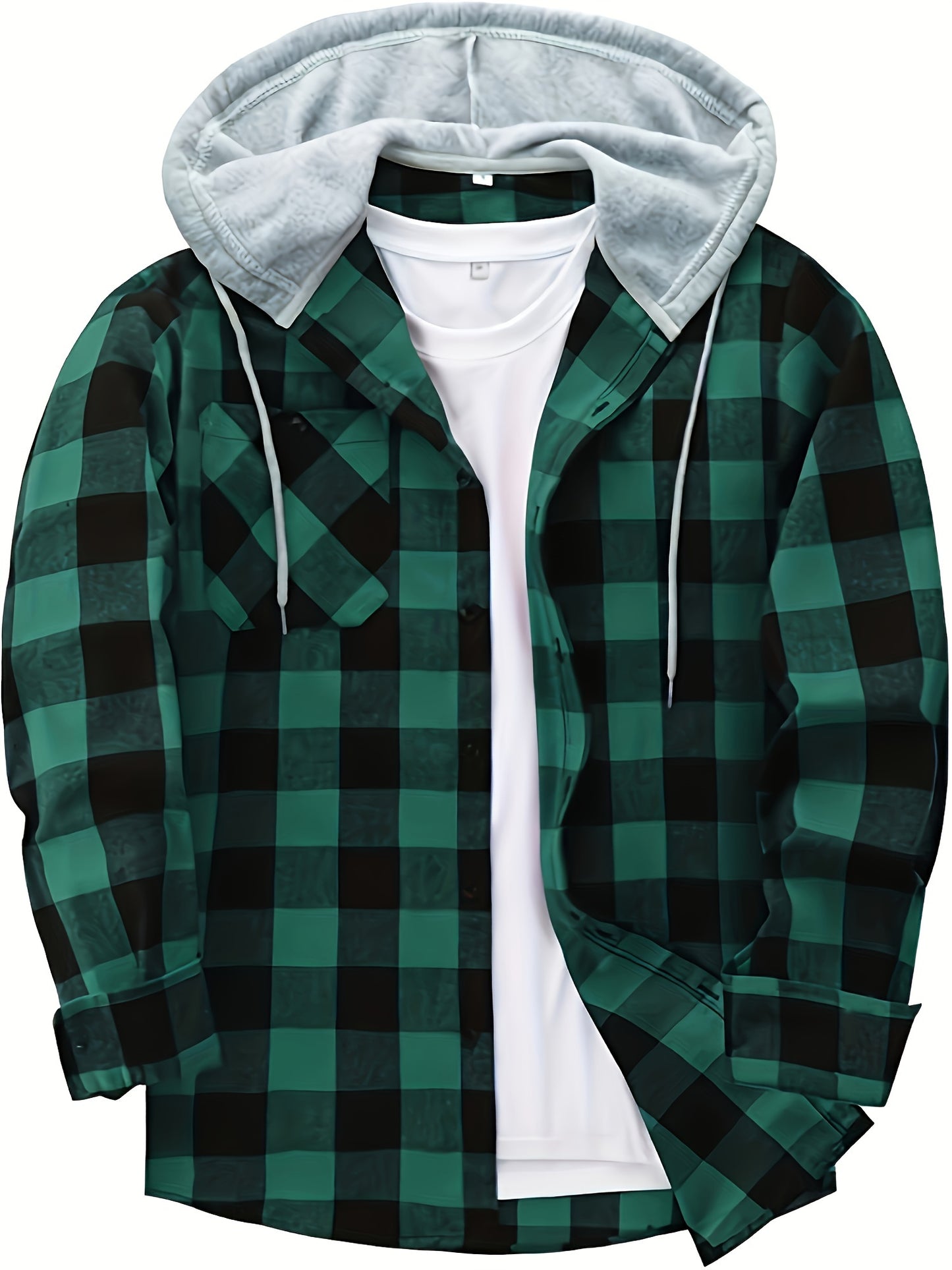Casual Geruite Herenhoodie met Borstzakje en Verstelbare Trekkoord - Lange Mouwen, Knoopsluiting in Groen/Zwart/Grijs voor Lente & Herfst