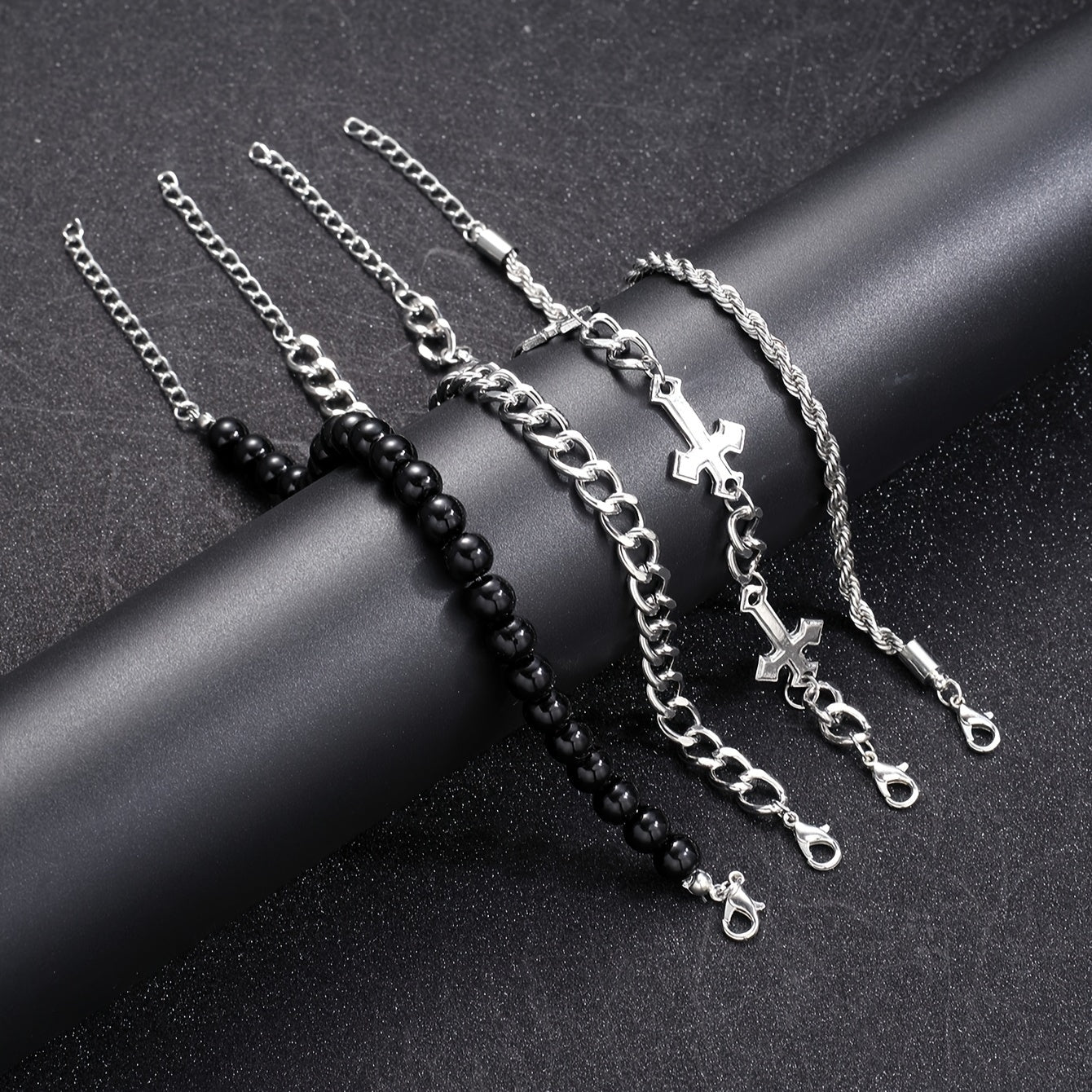 4 stuks eenvoudige stijl ijzeren kruis & kraal armband set, geen hanger, ideaal voor sport, casual dating, feestjes & dagelijks dragen