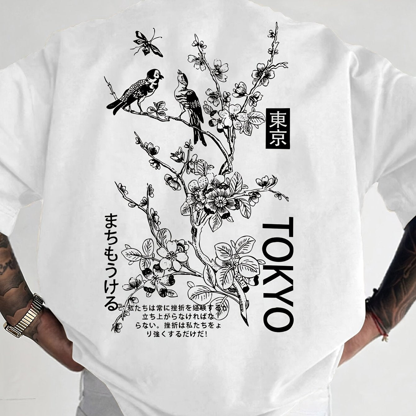 Heren Casual T-Shirt met Bloemen- & Vogelprint - Ademend Polyester, Ronde Hals, Korte Mouwen - Perfect voor de Zomer
