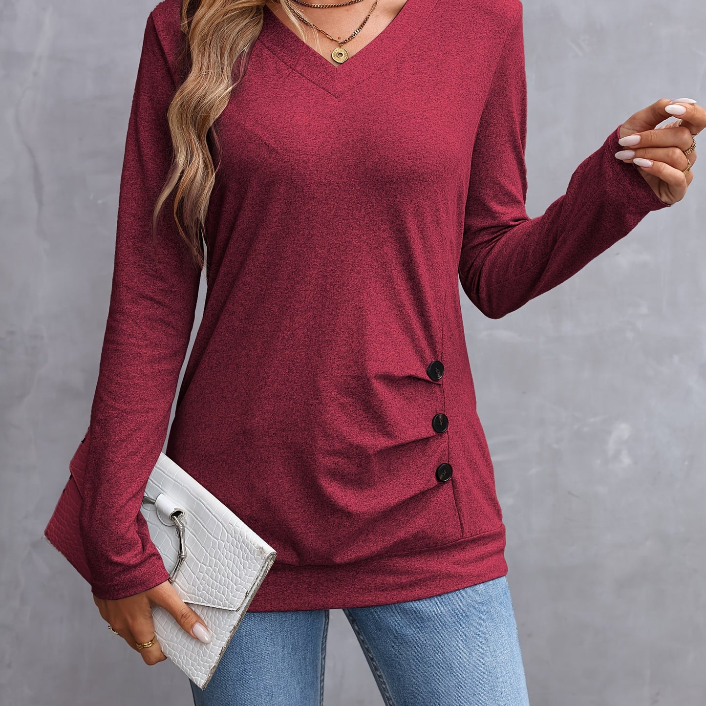 Elegante dames v-hals t-shirt met lange mouwen en knoopdetail - 100% polyester breisel, tinta unita, normale lengte voor lente en herfst
