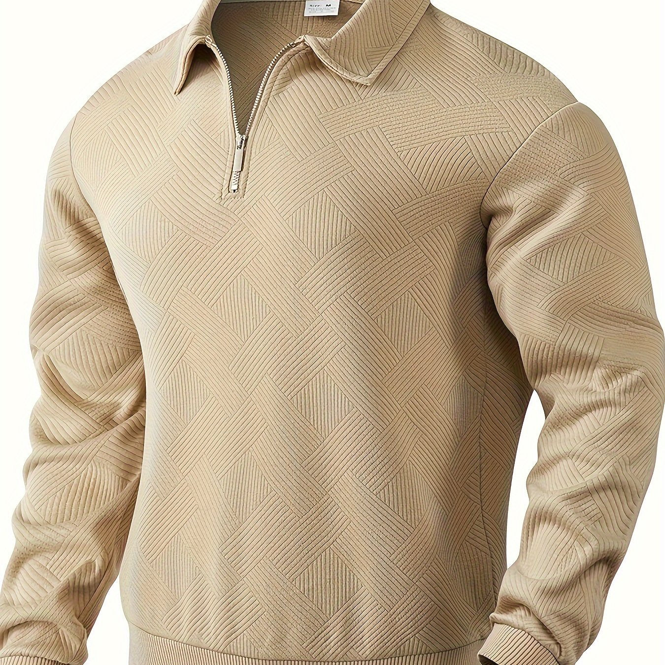 Heren Casual Henley Pullover Trui - Geometrisch Patroon Gebreide Stof met Rits, Polyester & Elastaan Blend, Revers Kraag, Lichte Stretch voor Herfst/Winter