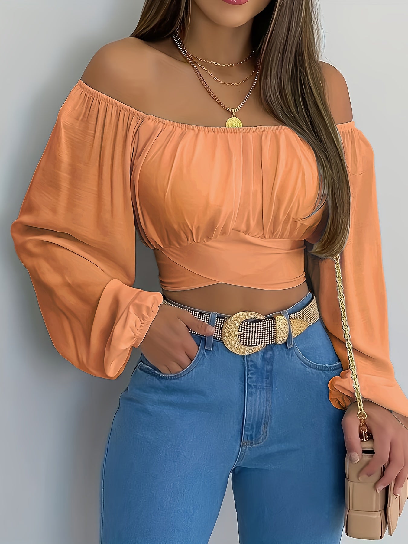 Stevige Kruis Terug Crop Blouse, Casual Schouderloze Lange Mouw Top, Dameskleding Voor Coquette/Schattige/Y2K Stijl